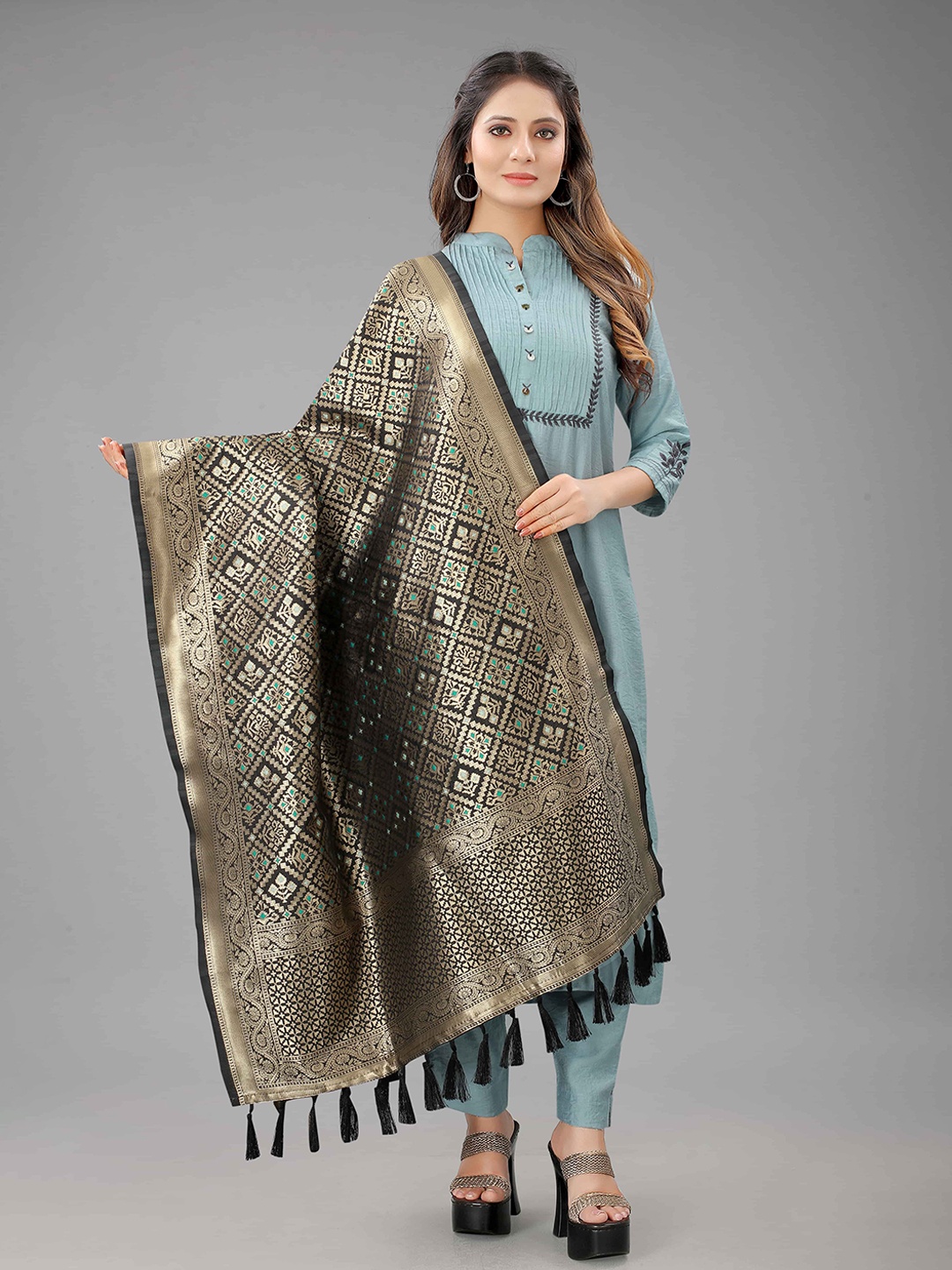 

Silk Land Black & Gold-Toned Ethnic Motifs Woven Design Banarasi Dupatta with Zari