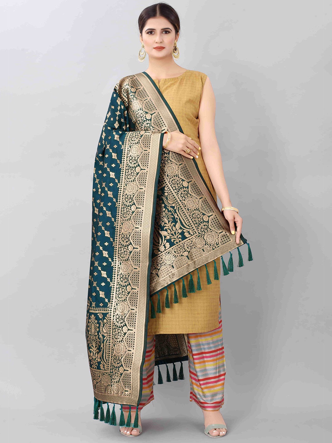 

Silk Land Women Blue & Gold-Toned Ethnic Motifs Banarasi Dupatta