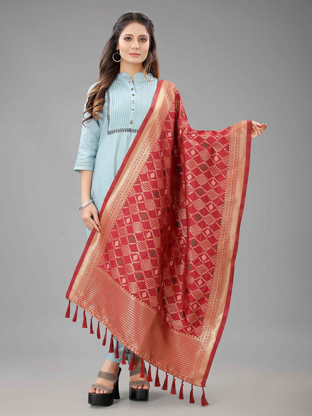 

Silk Land Red & Gold-Toned Ethnic Motifs Woven Design Dupatta with Zari
