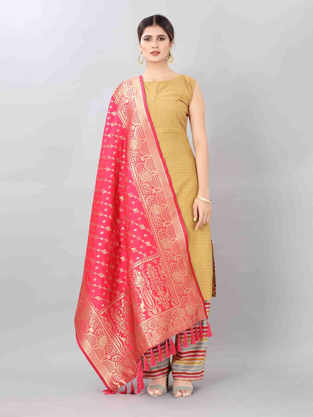 

Silk Land Pink & Gold-Toned Ethnic Motifs Woven Design Dupatta with Zari