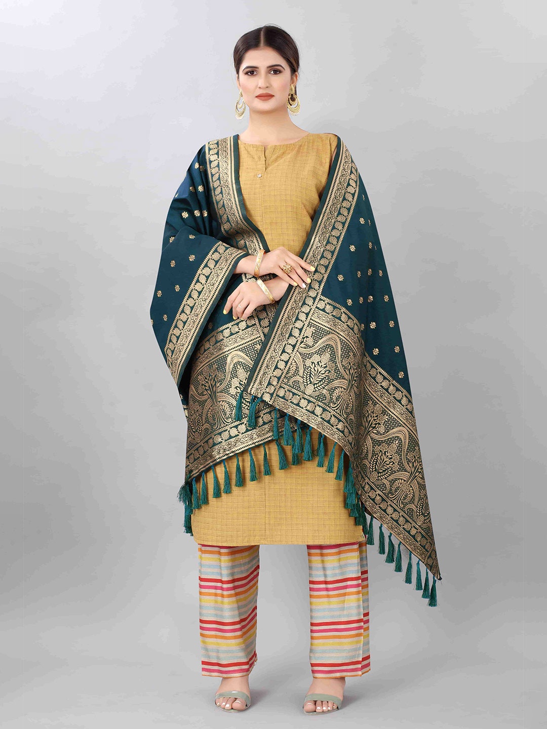 

Silk Land Blue & Gold-Toned Ethnic Motifs Jacquard Banarasi Dupatta with Zari