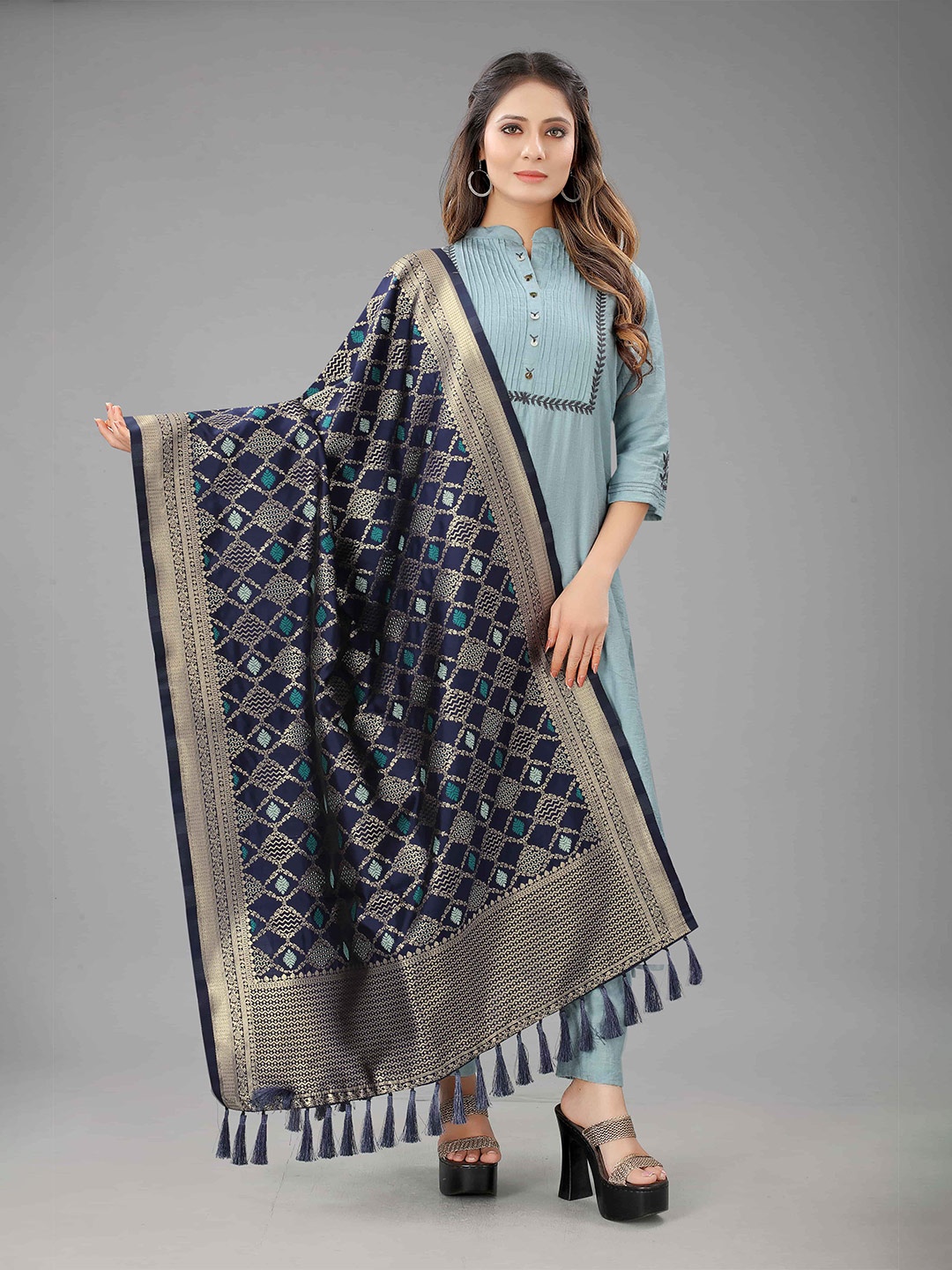

Silk Land Navy Blue Ethnic Motifs Woven Design Dupatta with Zari