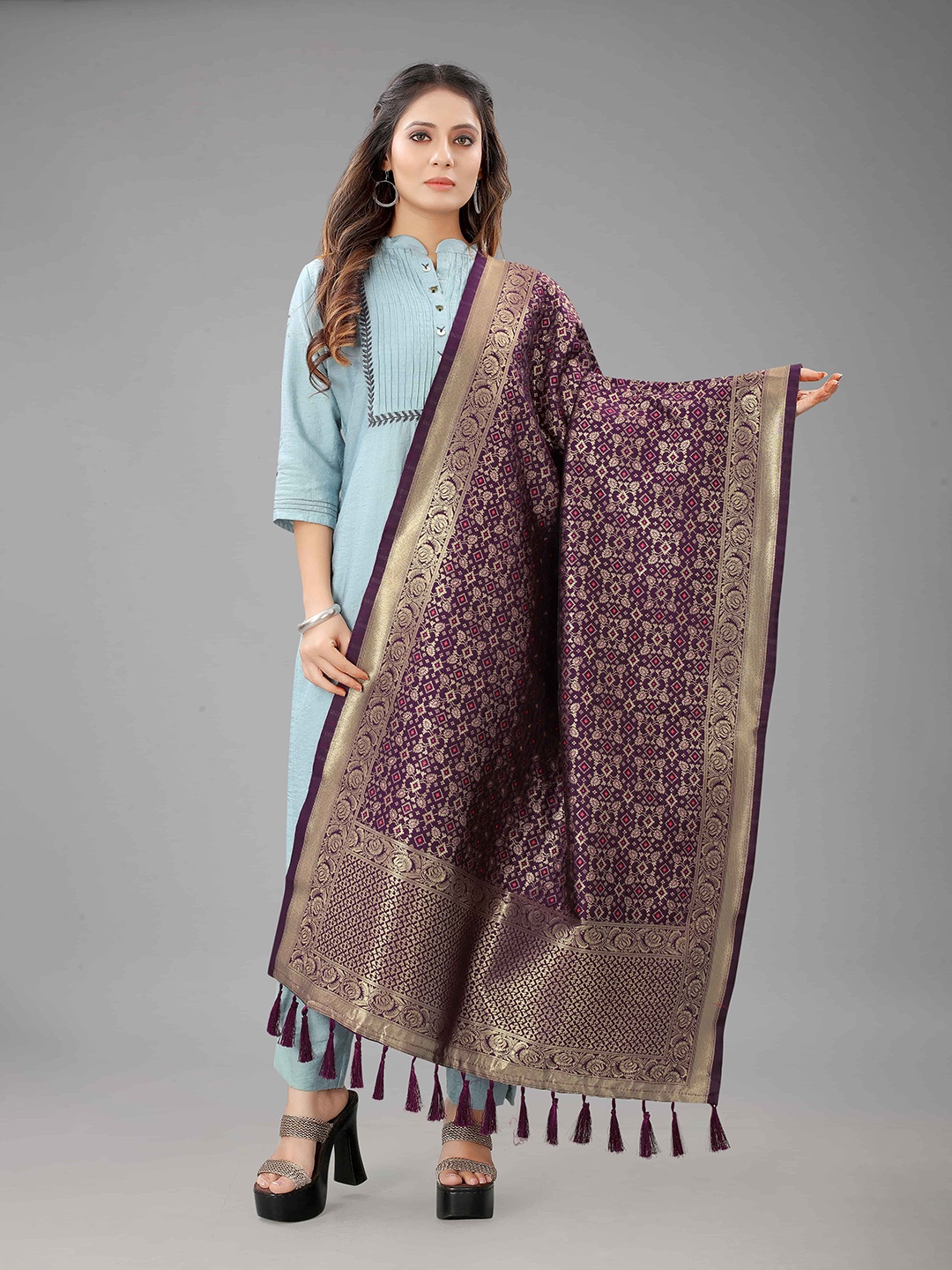 

Silk Land Maroon & Gold-Toned Ethnic Motifs Woven Design Dupatta with Zari