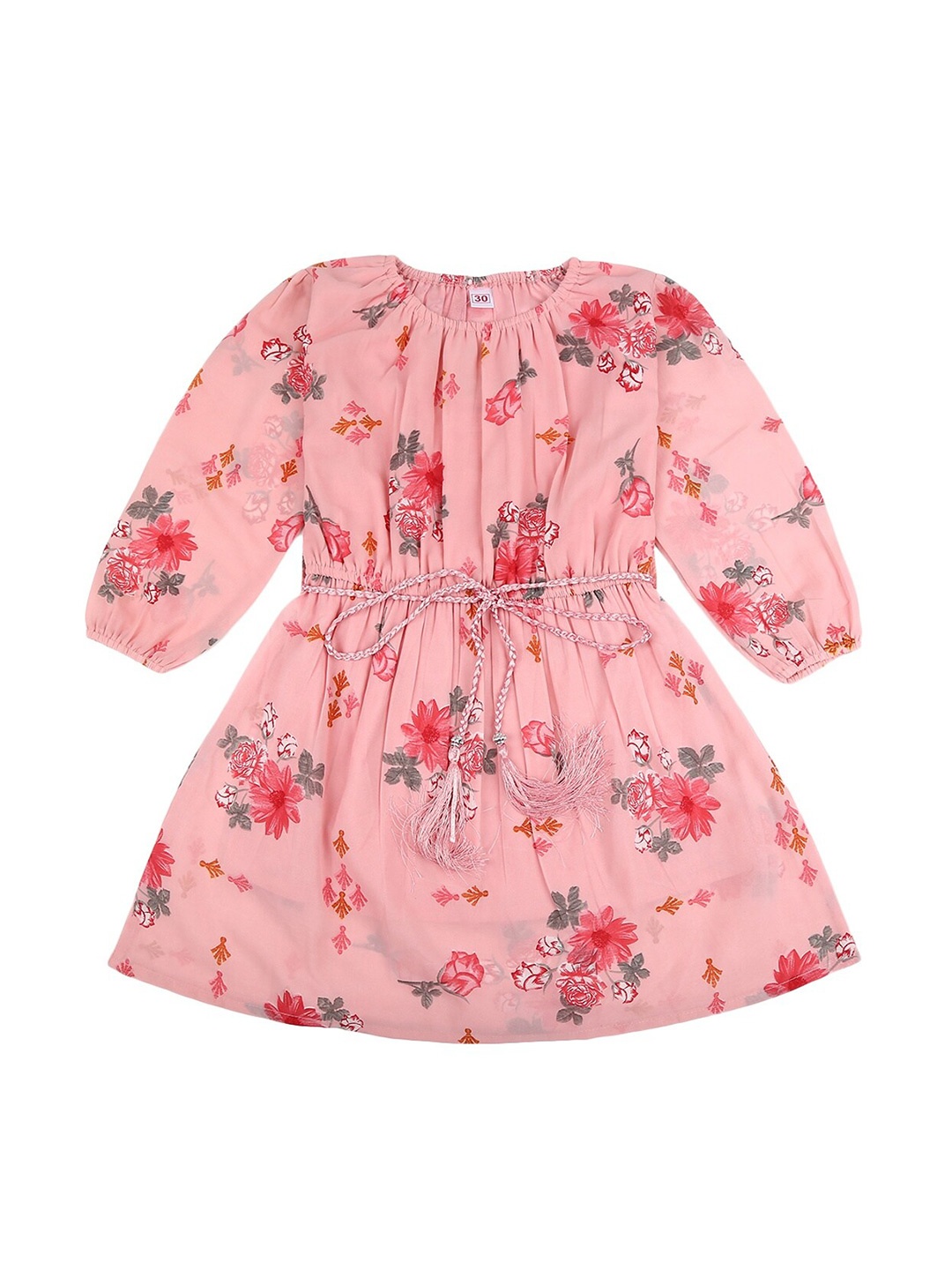 V-Mart Girls Pink & Green Floral Georgette Dress