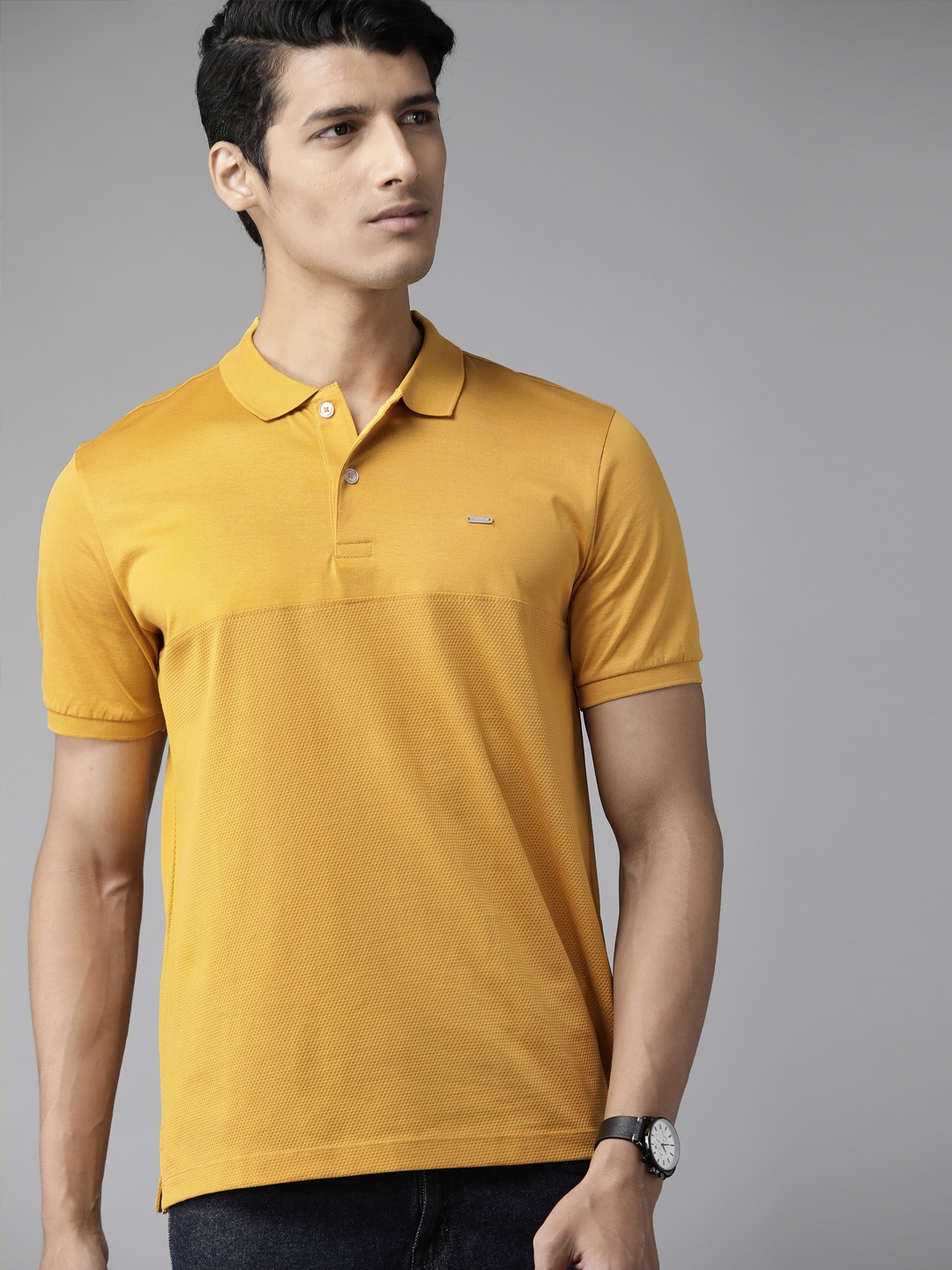 

Van Heusen Men Mustard Yellow Textured Polo Collar Pure Cotton T-shirt