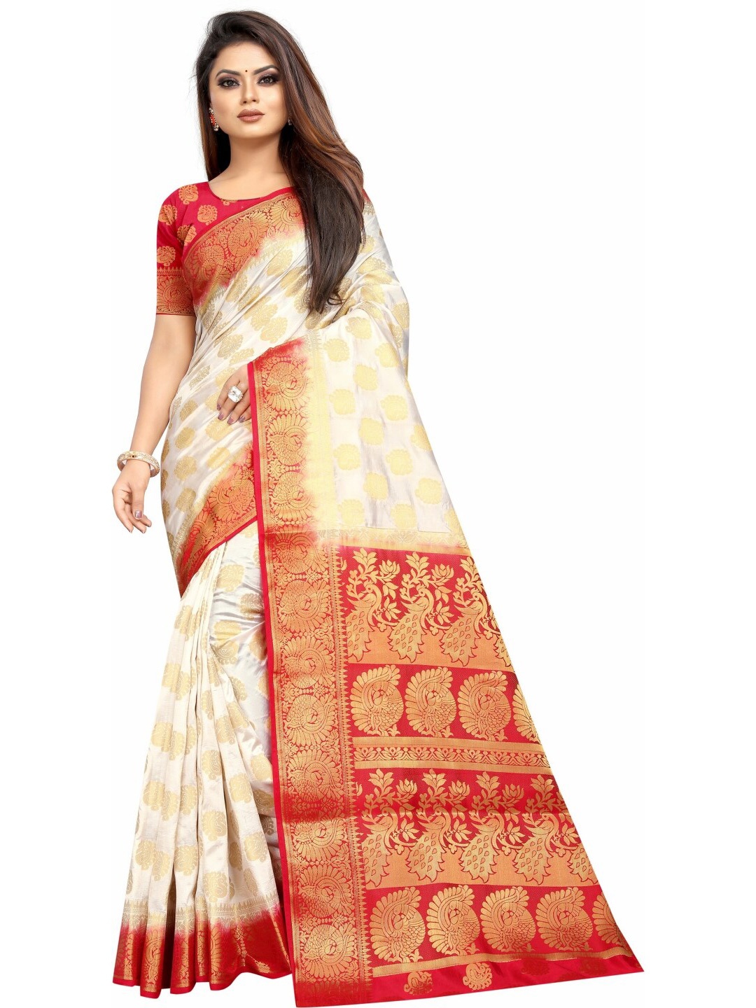 

PERFECT WEAR Cream-Coloured & Golden Ethnic Motifs Silk Cotton Banarasi Saree