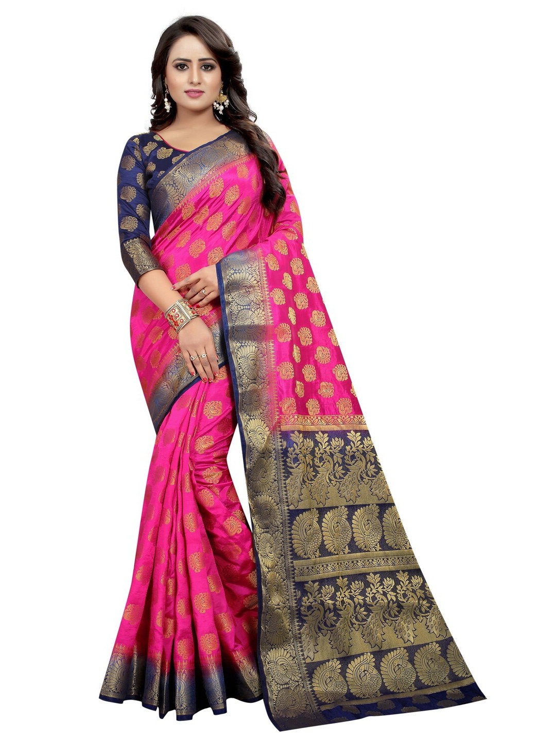 

PERFECT WEAR Pink & Navy Blue Ethnic Motifs Zari Silk Cotton Banarasi Saree