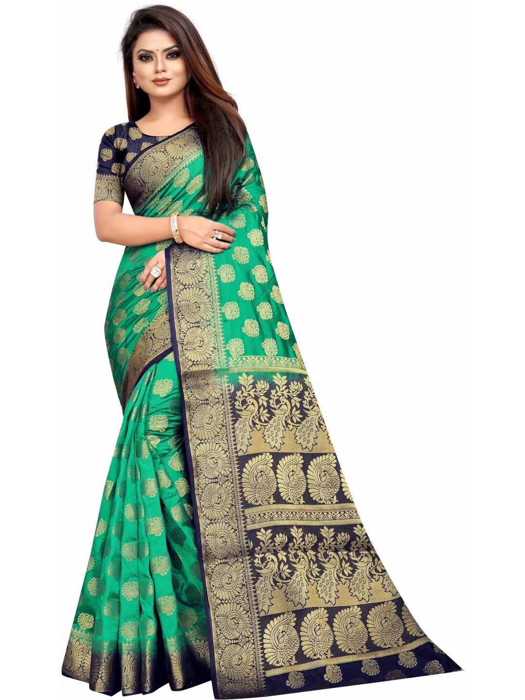 

PERFECT WEAR Green & Navy Blue Paisley Printed Banarasi Saree