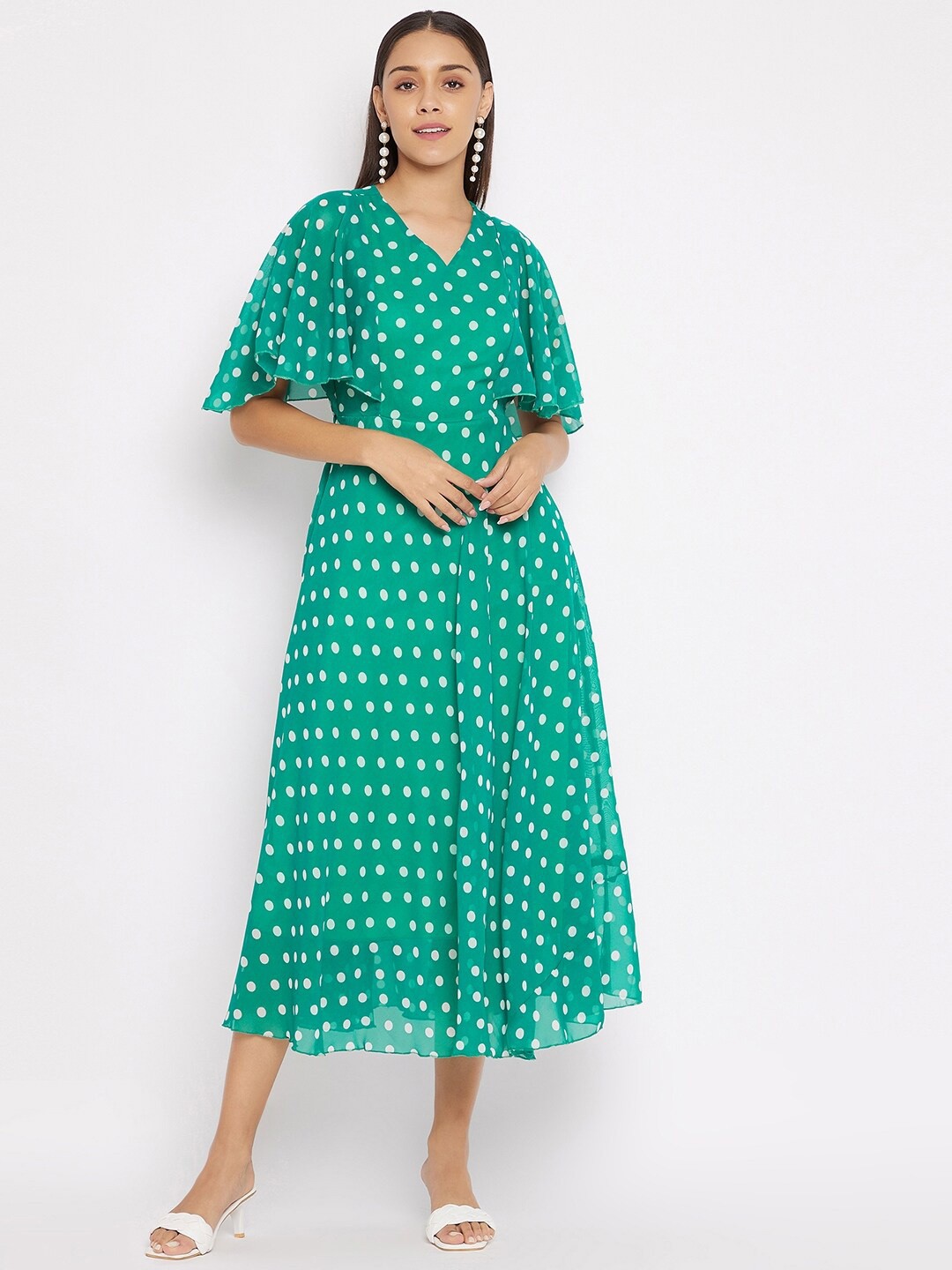 

HELLO DESIGN Women Turquoise Blue Polka Dot Print Georgette Midi Dress