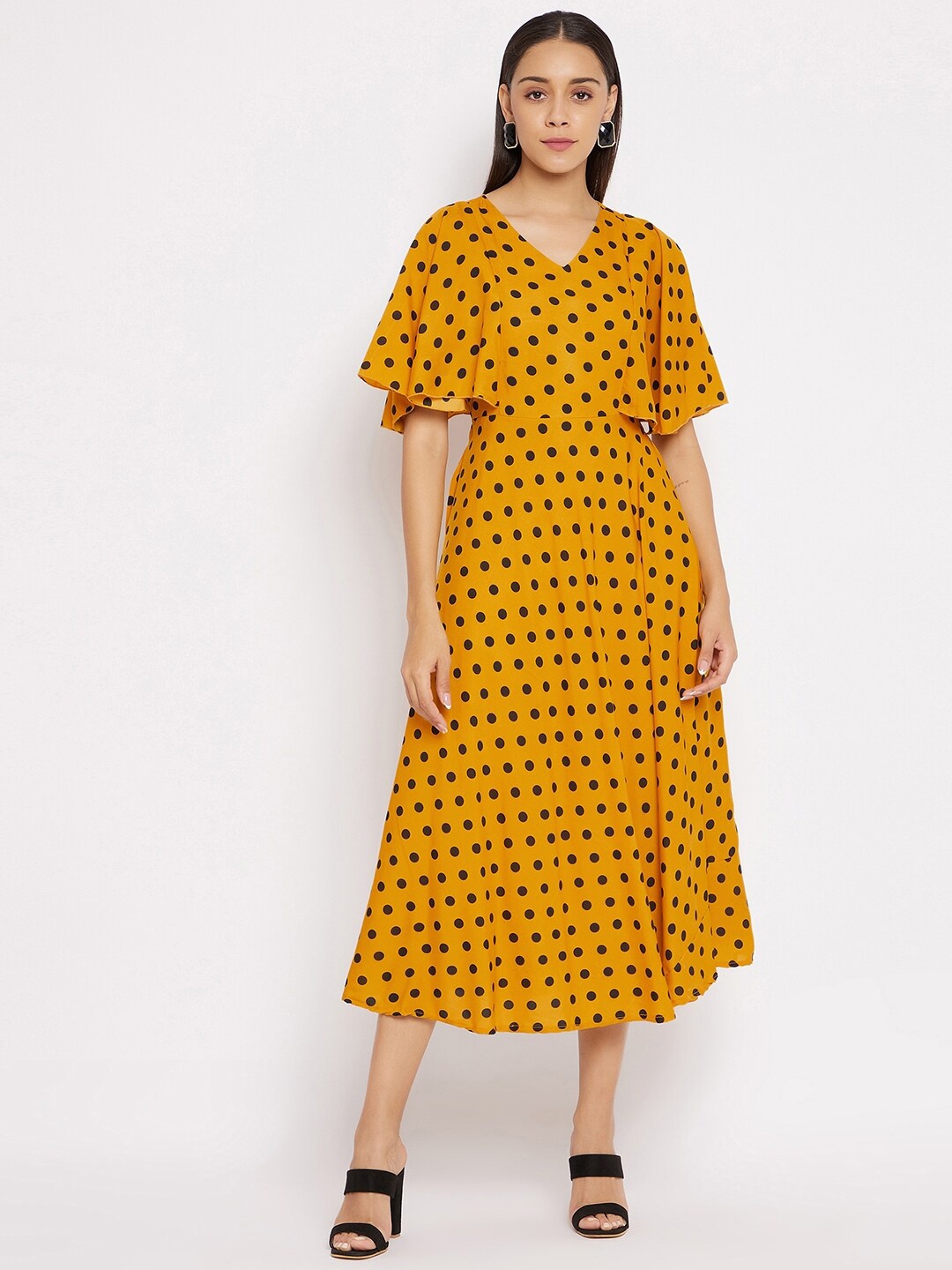 

HELLO DESIGN Mustard Yellow Floral Crepe A-Line Midi Dress