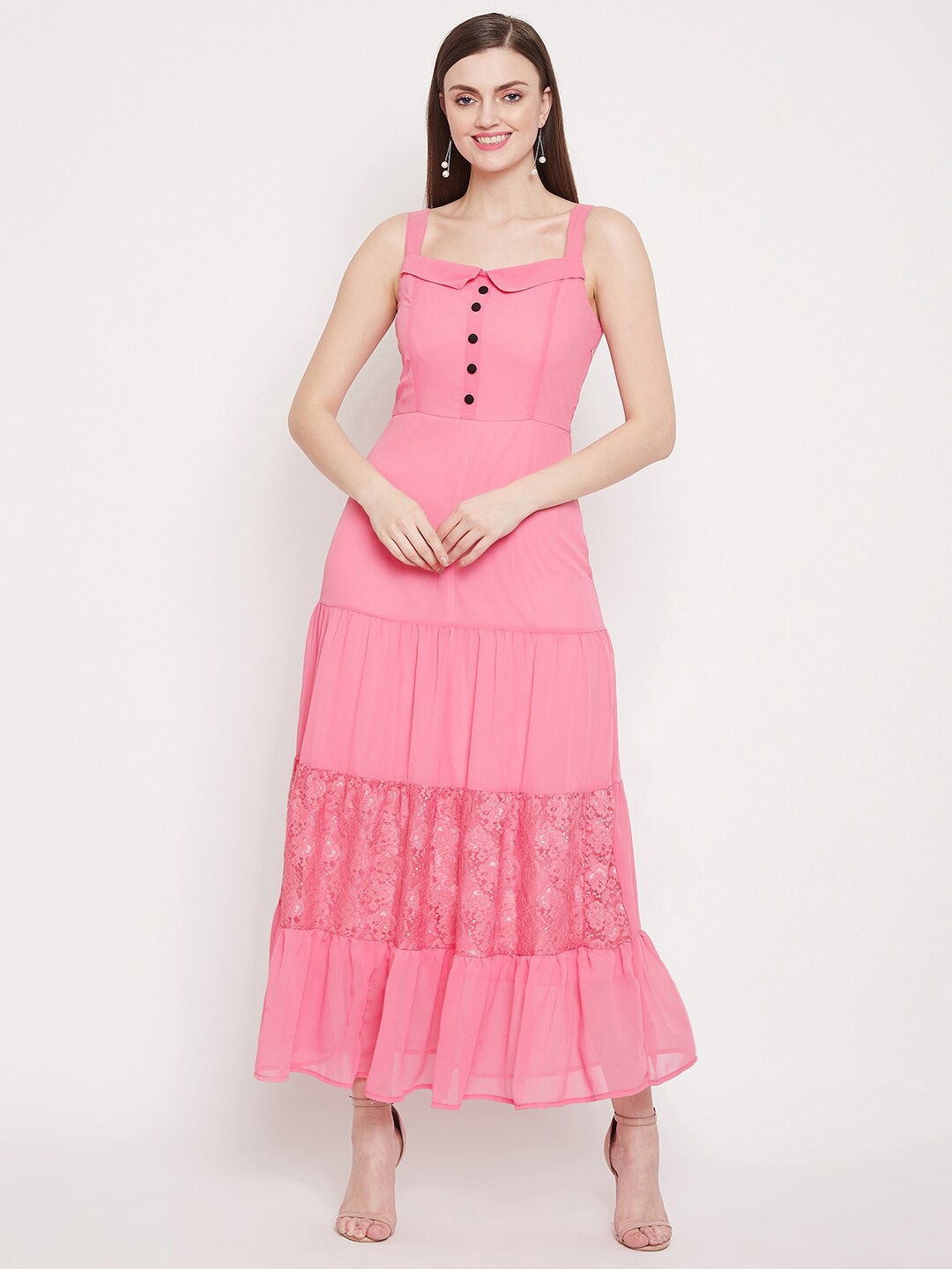 

HELLO DESIGN Pink Solid Georgette Maxi Dress With Frills
