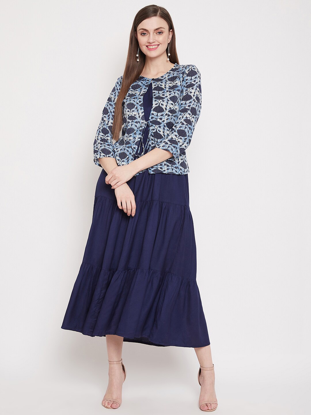 

HELLO DESIGN Women Navy Blue & White Solid Round Neck Fit & Flared Dress With Shrug