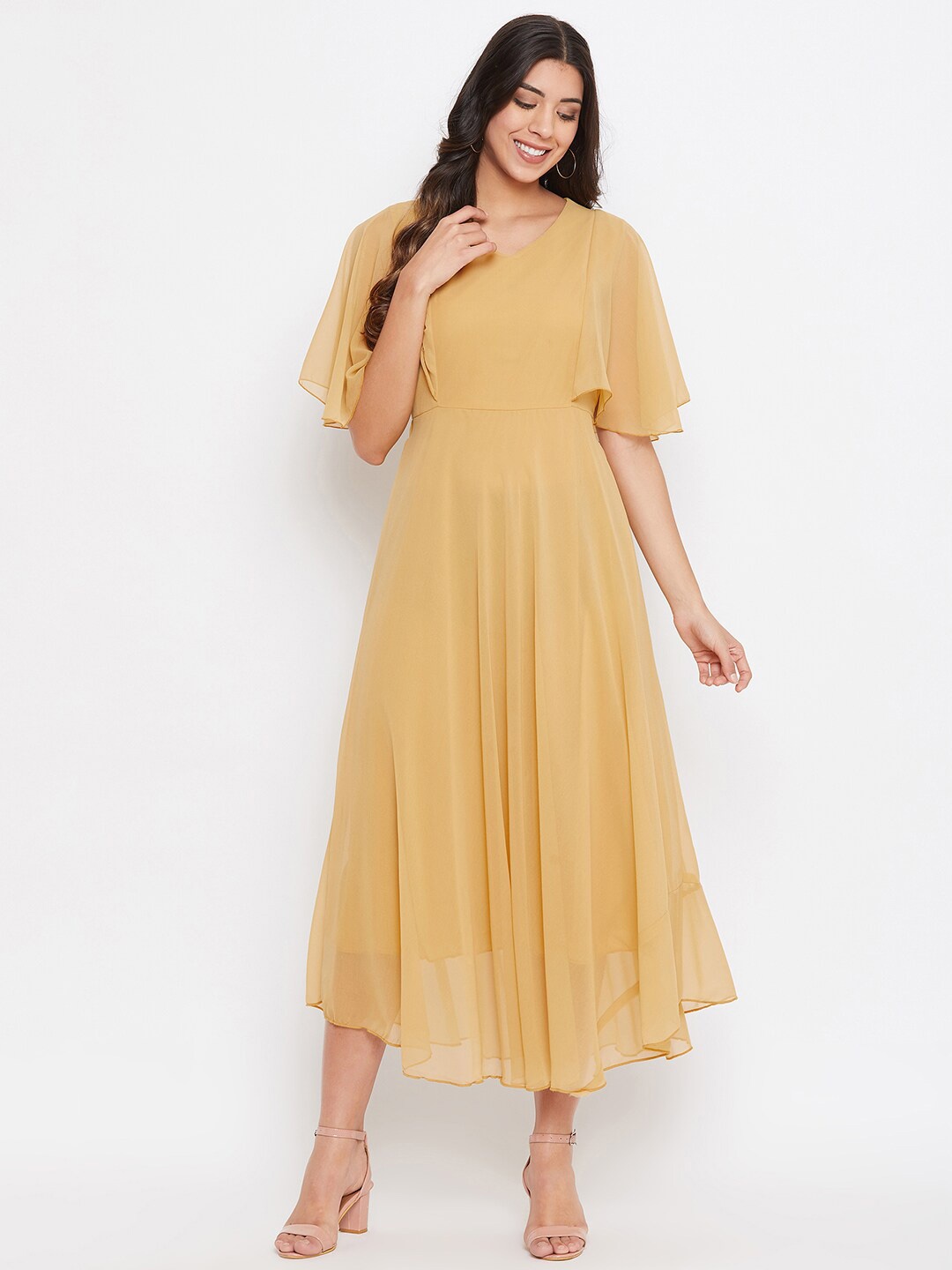 

HELLO DESIGN Beige Georgette Pleated Maxi Dress