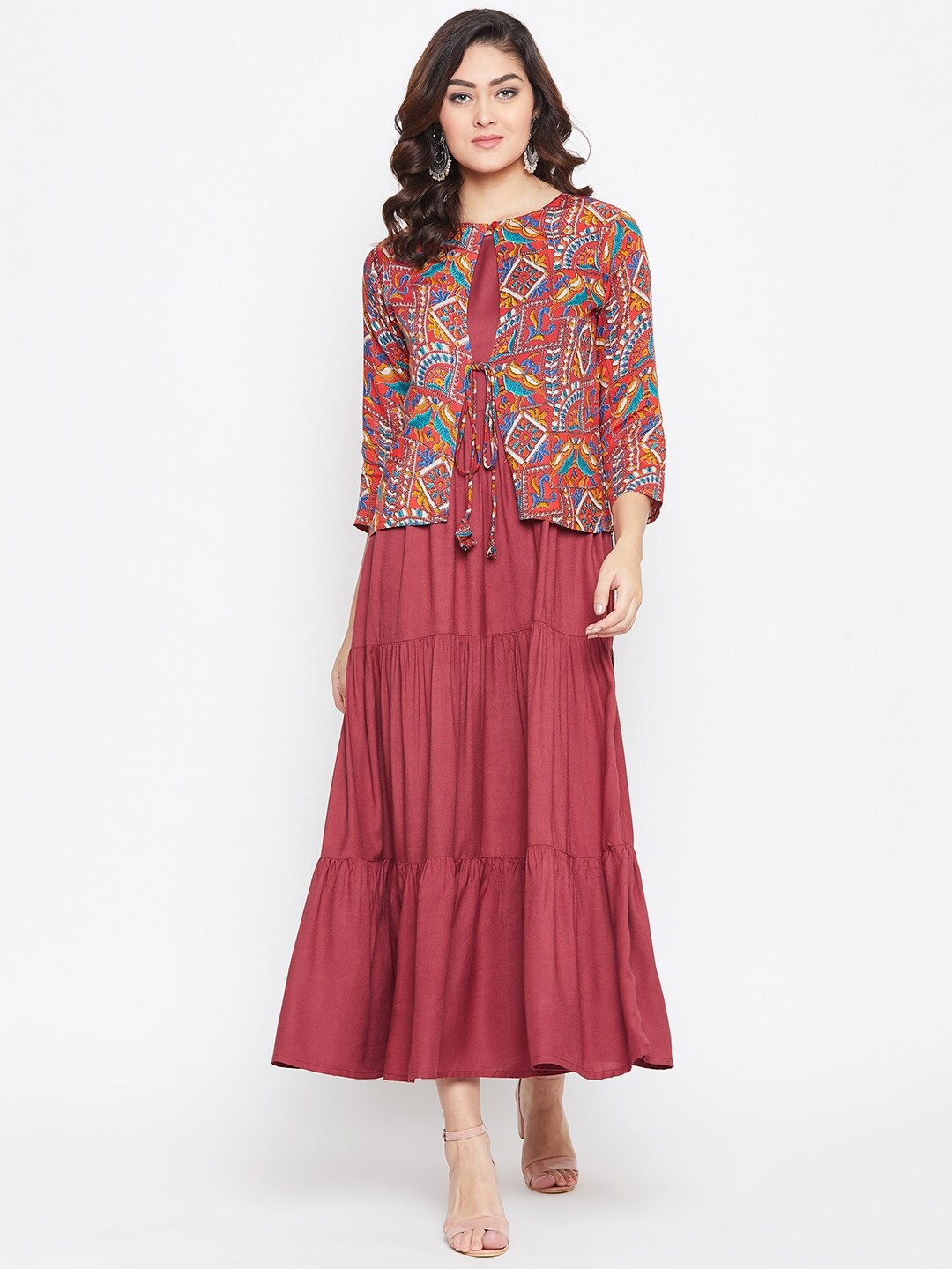 

HELLO DESIGN Maroon Ethnic Motifs Layered Ethnic Maxi Midi Dress