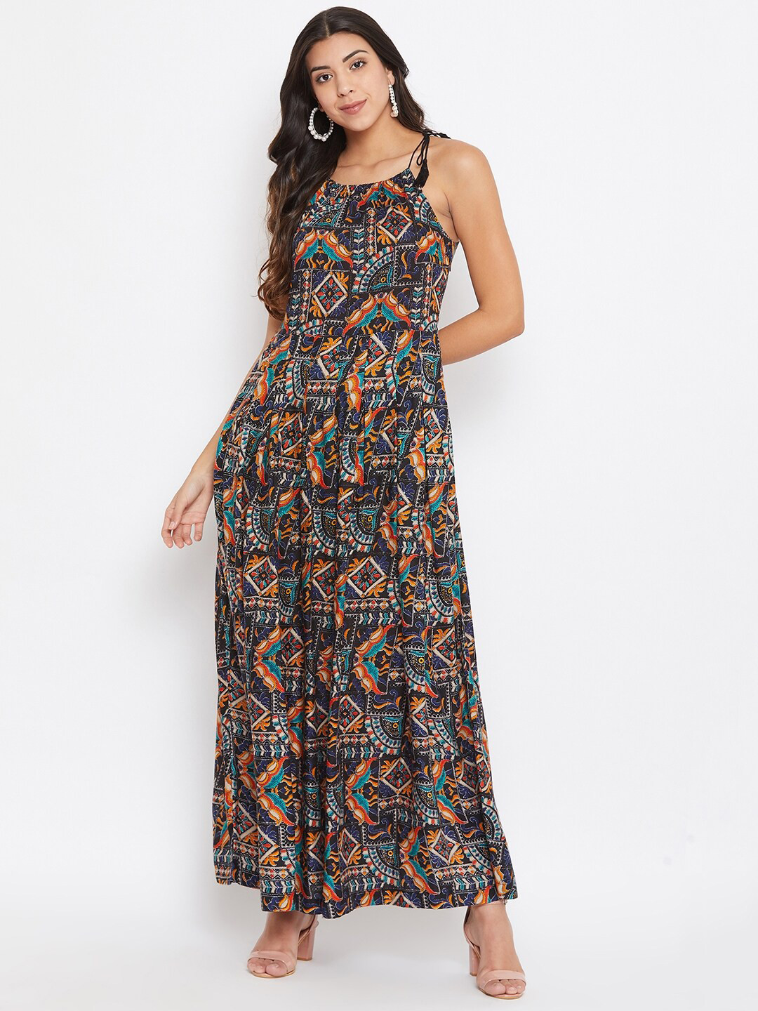 

HELLO DESIGN Navy Blue & Orange Ethnic Motifs Maxi Dress