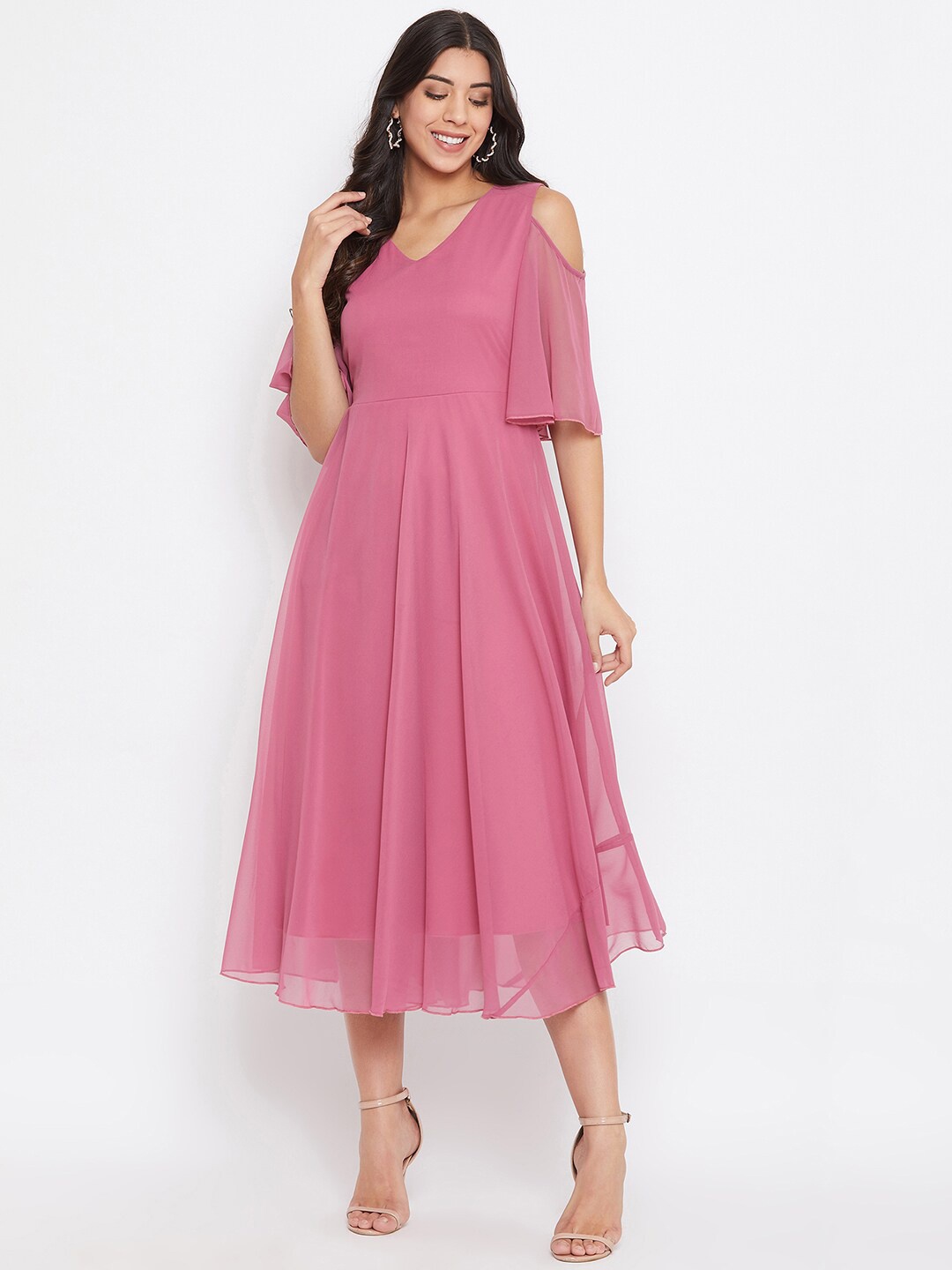 

HELLO DESIGN Women Pink Solid V- Neck Fit & Flare Dress