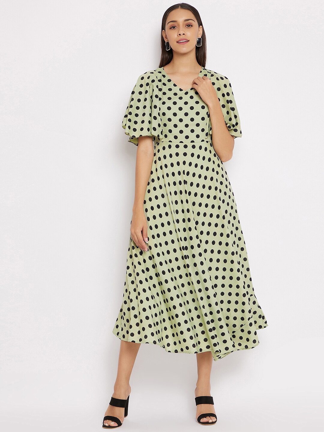 

HELLO DESIGN Green & Black Polka Dots Crepe Midi Dress