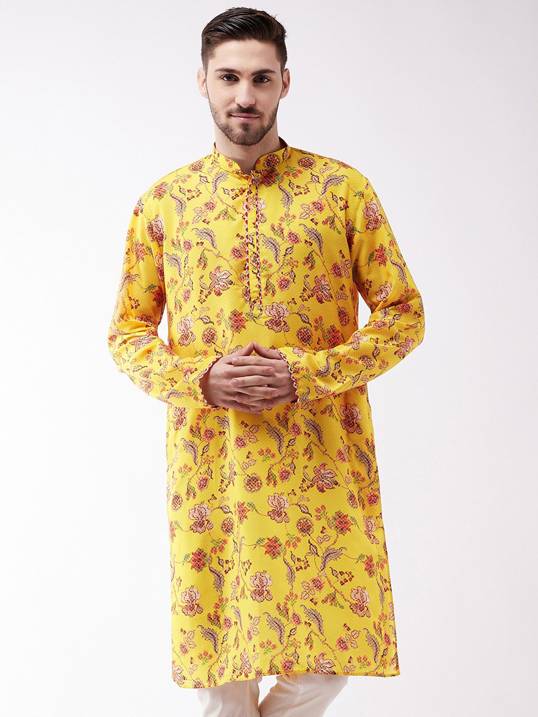 

VASTRAMAY Men Yellow Floral Printed Silk Blend Kurta