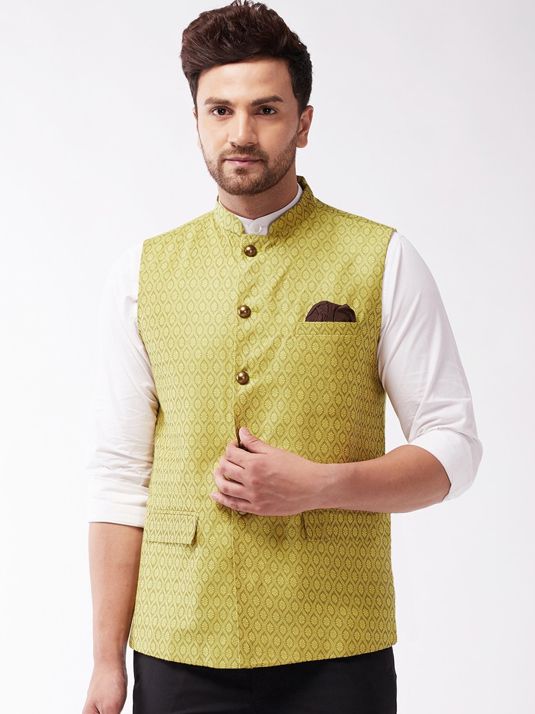 

VASTRAMAY Men Yellow Woven Design Slim-Fit Nehru Jackets
