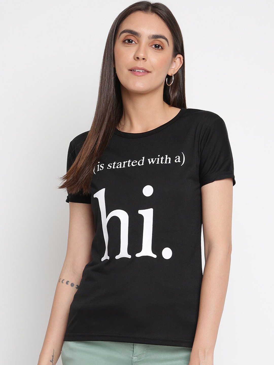 

iki chic Women Black Typography Printed Cotton T-shirt