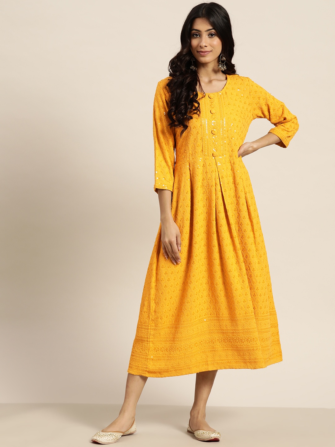 

Sangria Mustard Yellow Embroidered Ethnic A-Line Dress