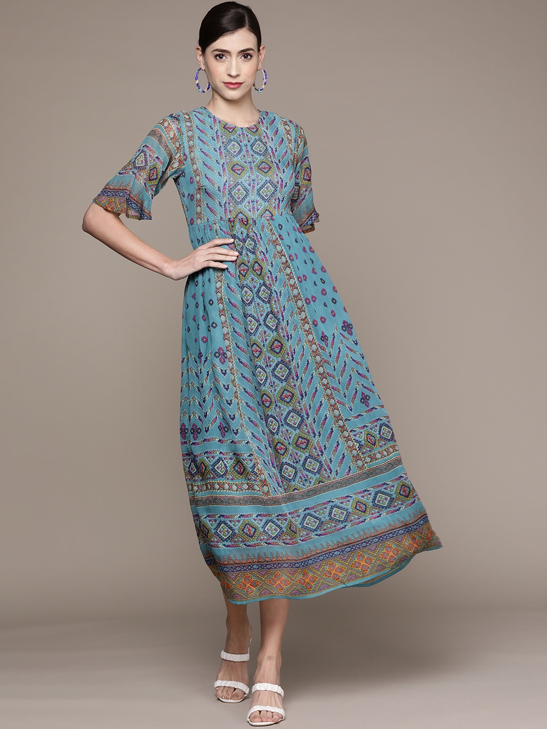 

Label Ritu Kumar Women Teal Blue & Mustard Yellow Ethnic Motifs A-Line Midi Dress