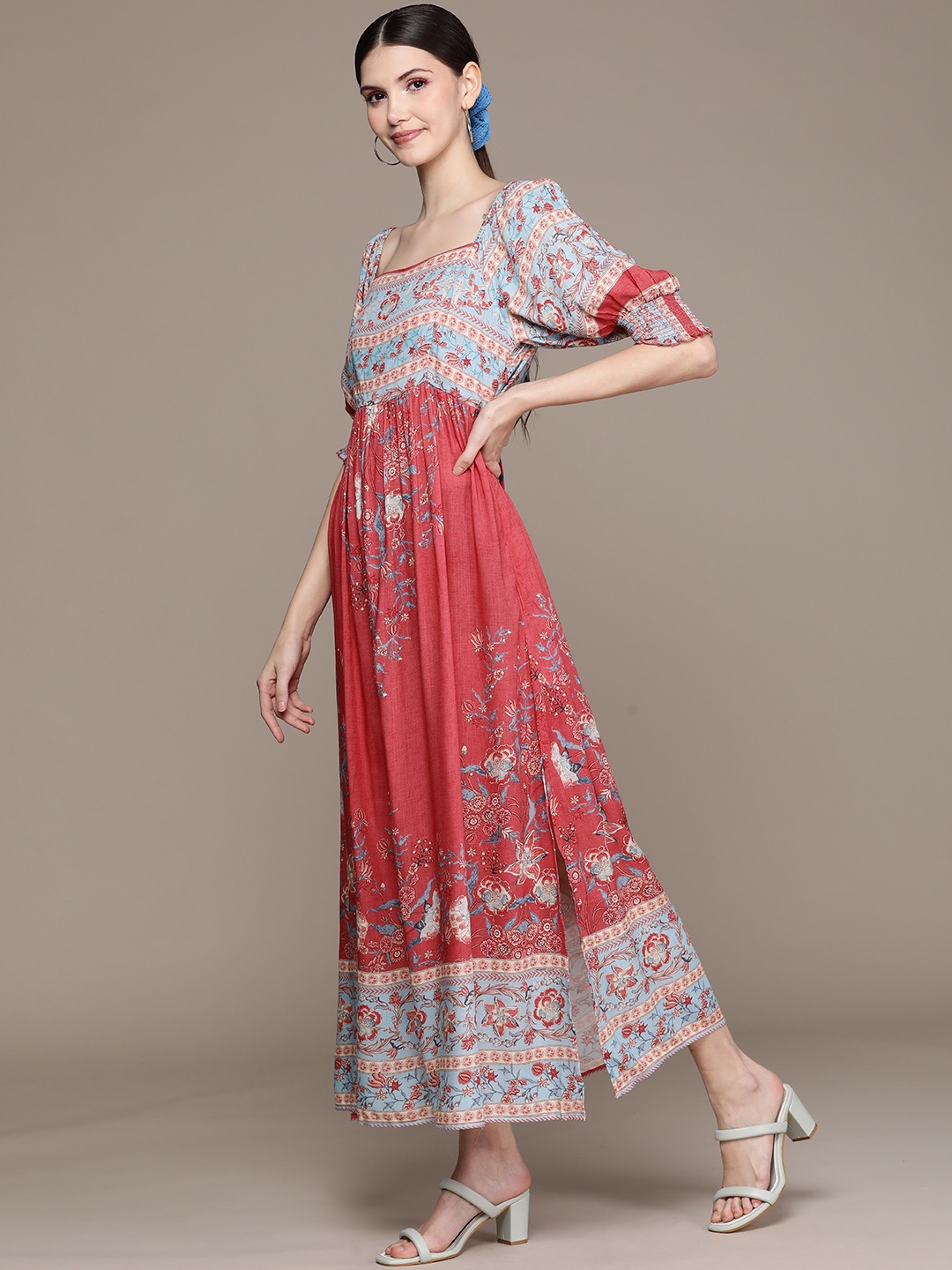 

Label Ritu Kumar Pink & Blue Ethnic Motifs Maxi Dress