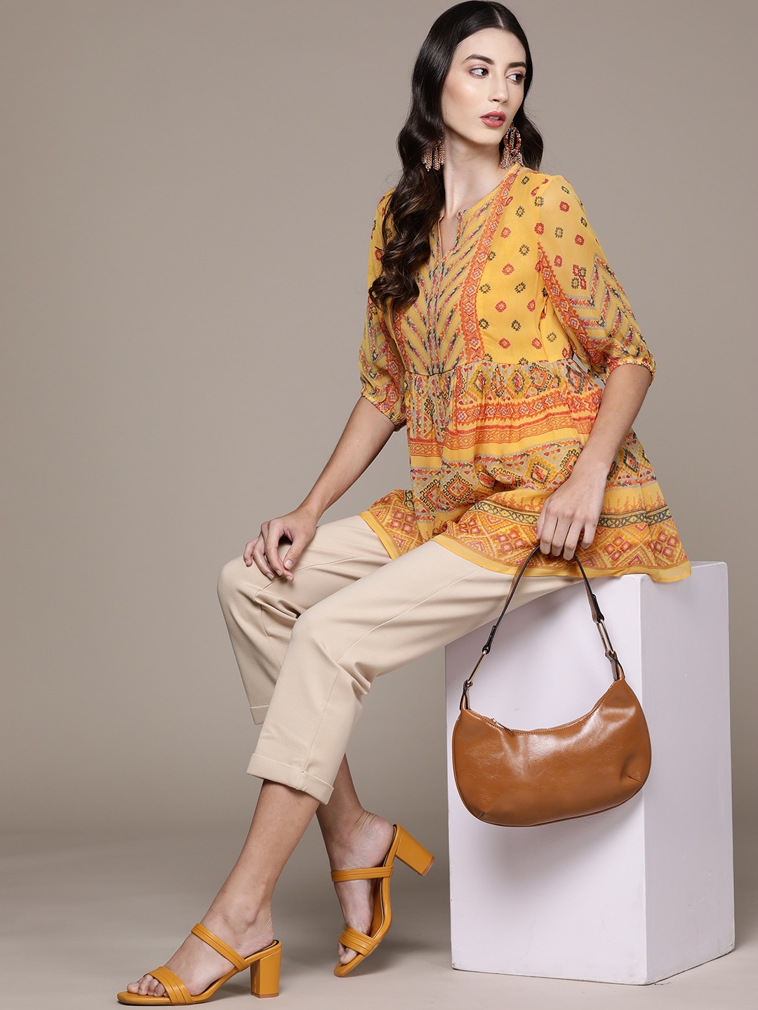 

Label Ritu Kumar Women Mustard Yellow & Green Print Georgette Top