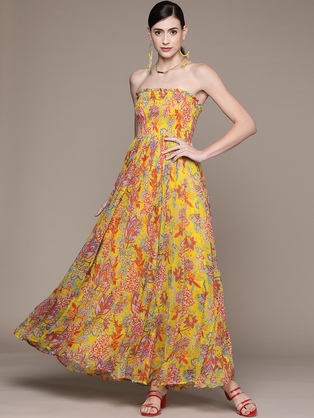 

Label Ritu Kumar Women Yellow & Red Floral Off-Shoulder Chiffon Maxi Dress