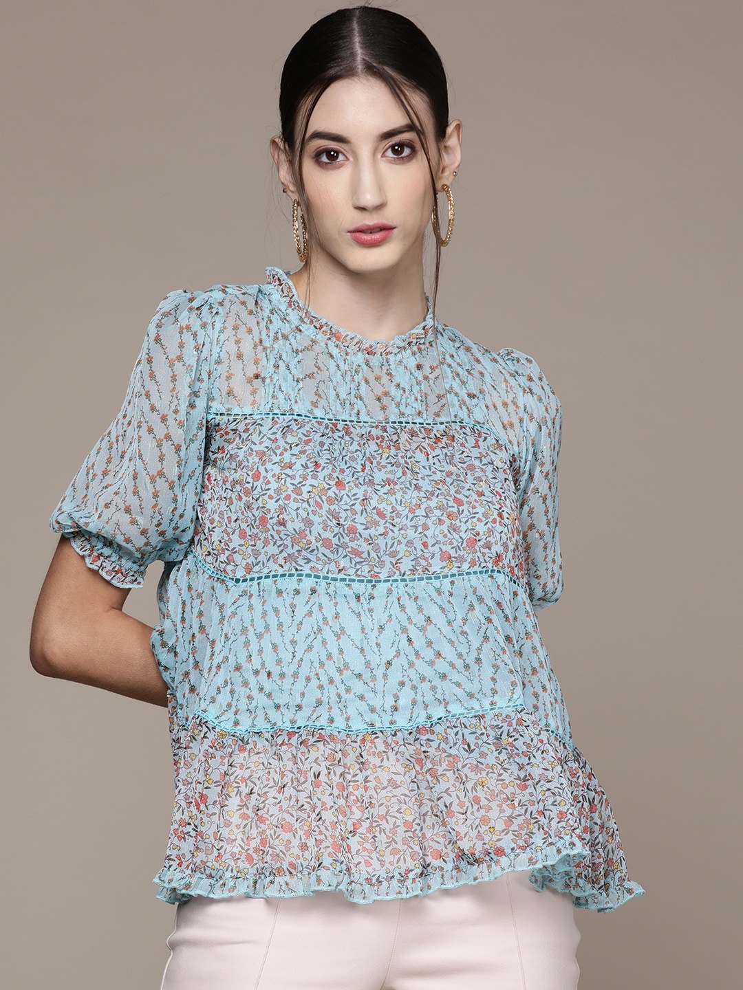 

Label Ritu Kumar Women Blue & Red Floral Print Chiffon Top with Camisole