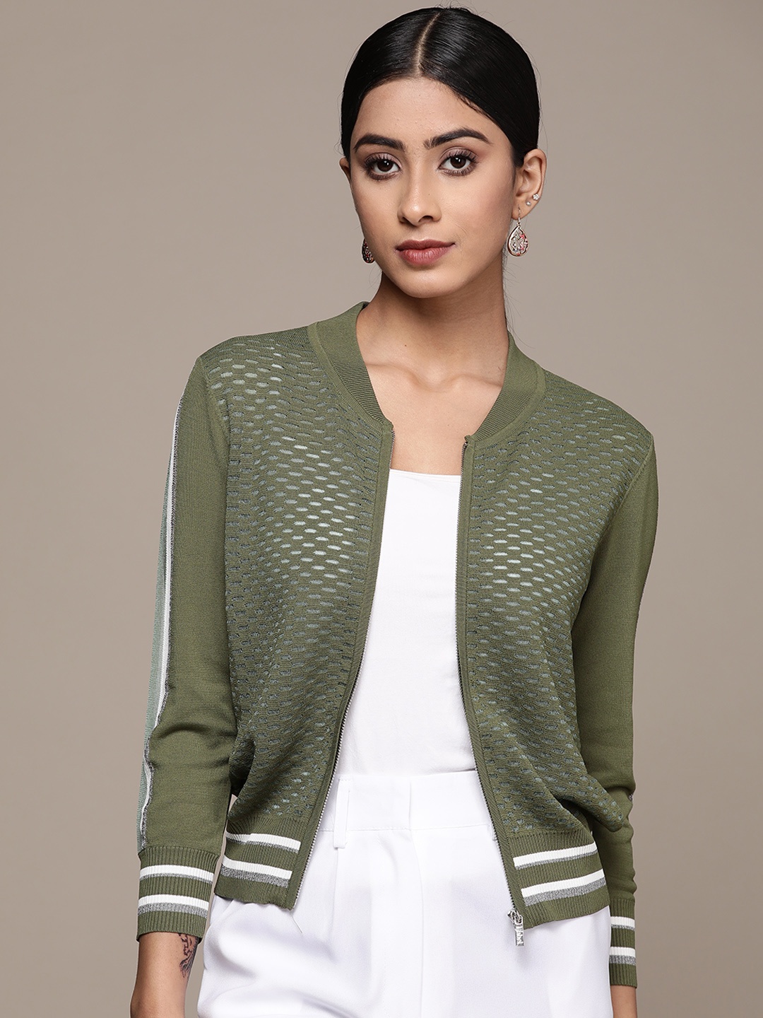 

Label Ritu Kumar Geometric Self Design Bomber Jacket, Olive