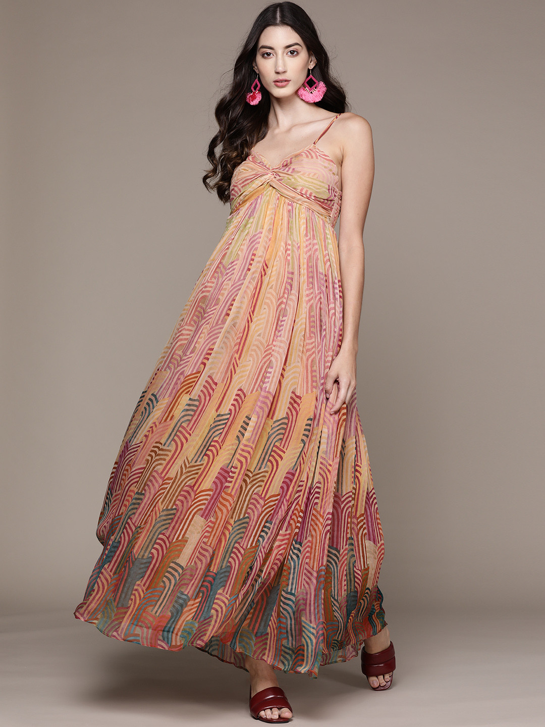 

Label Ritu Kumar Women Beige & Red Chiffon Maxi Dress