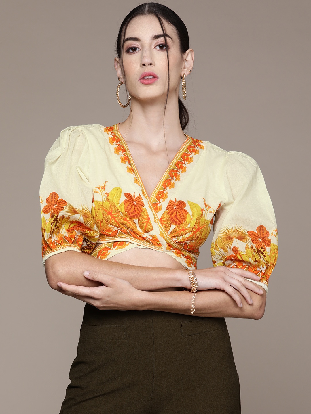 

Label Ritu Kumar Yellow & Orange Floral Print Crop Top