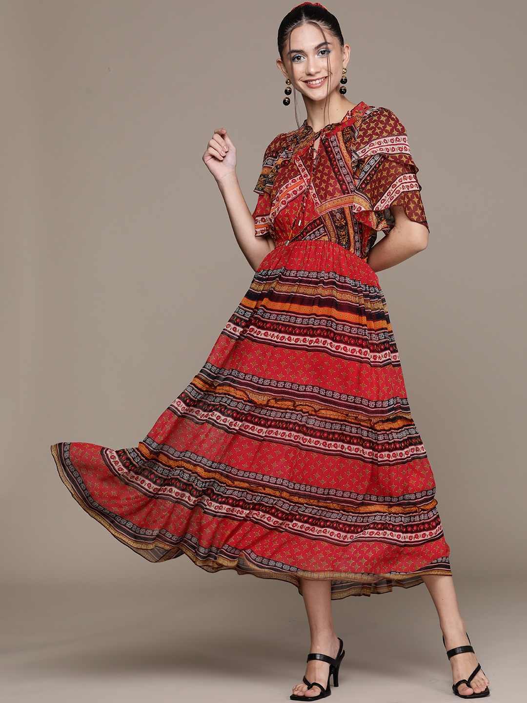 

Label Ritu Kumar Red & Brown Ethnic Motifs Tie-Up Neck Georgette Maxi Dress