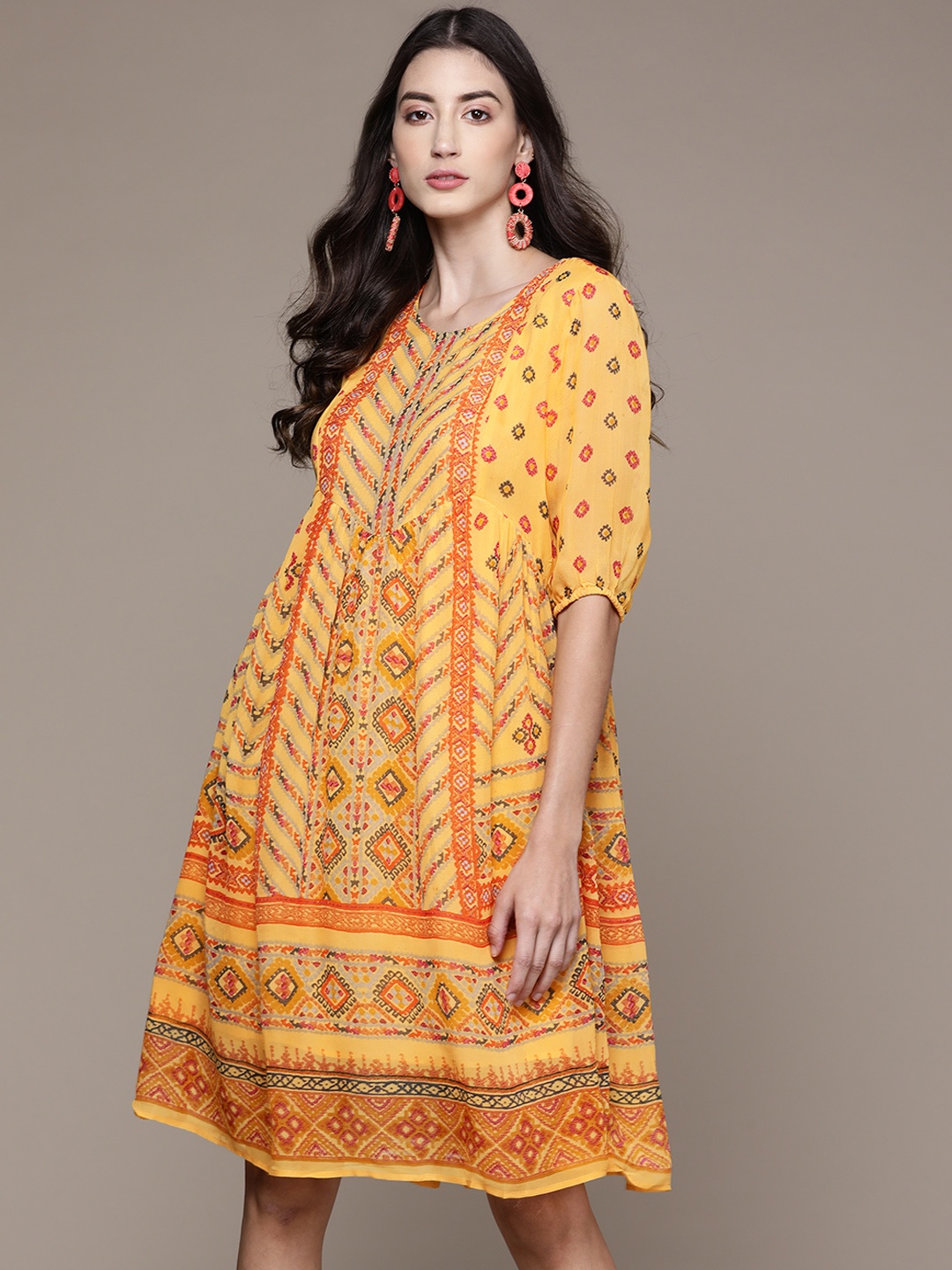 

Label Ritu Kumar Women Yellow & Orange Ethnic Motifs Georgette A-Line Dress