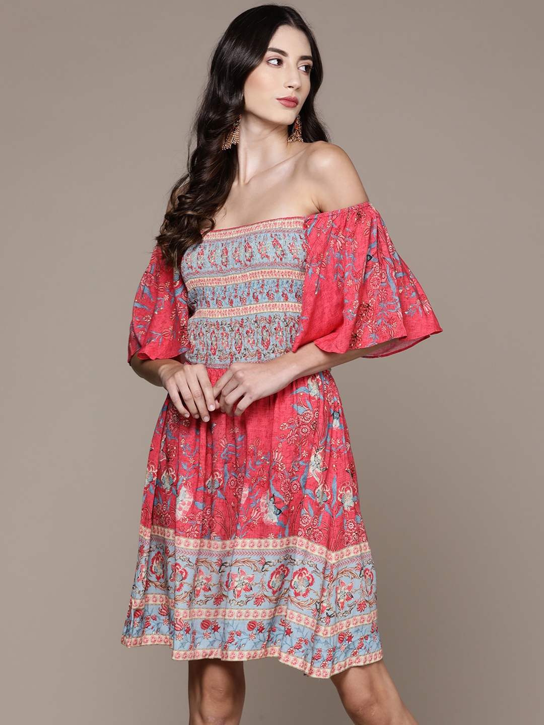 

Label Ritu Kumar Women Pink & Blue Ethnic Motifs Off-Shoulder A-Line Dress