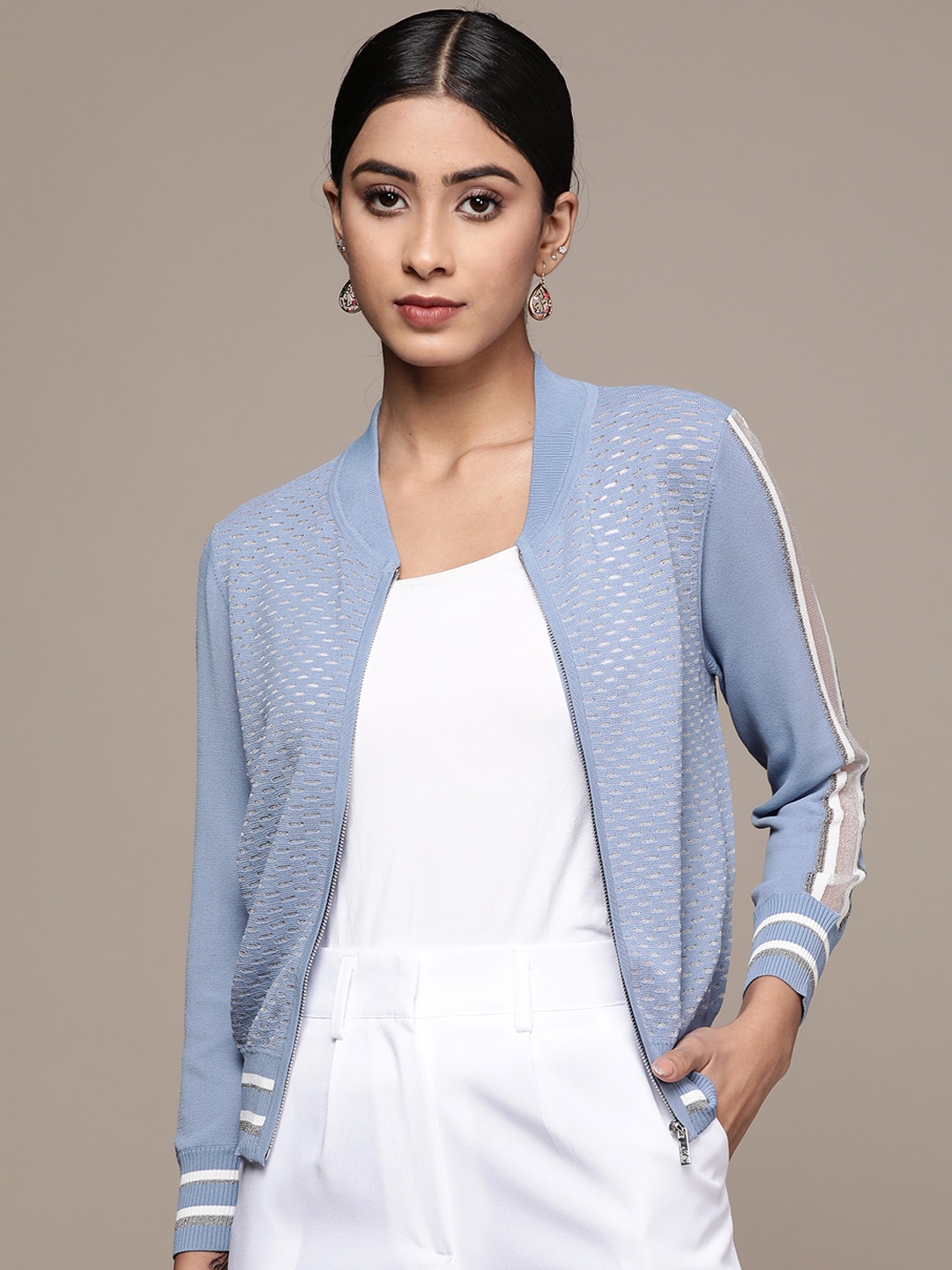 

Label Ritu Kumar Geometric Self Design Bomber Jacket, Blue