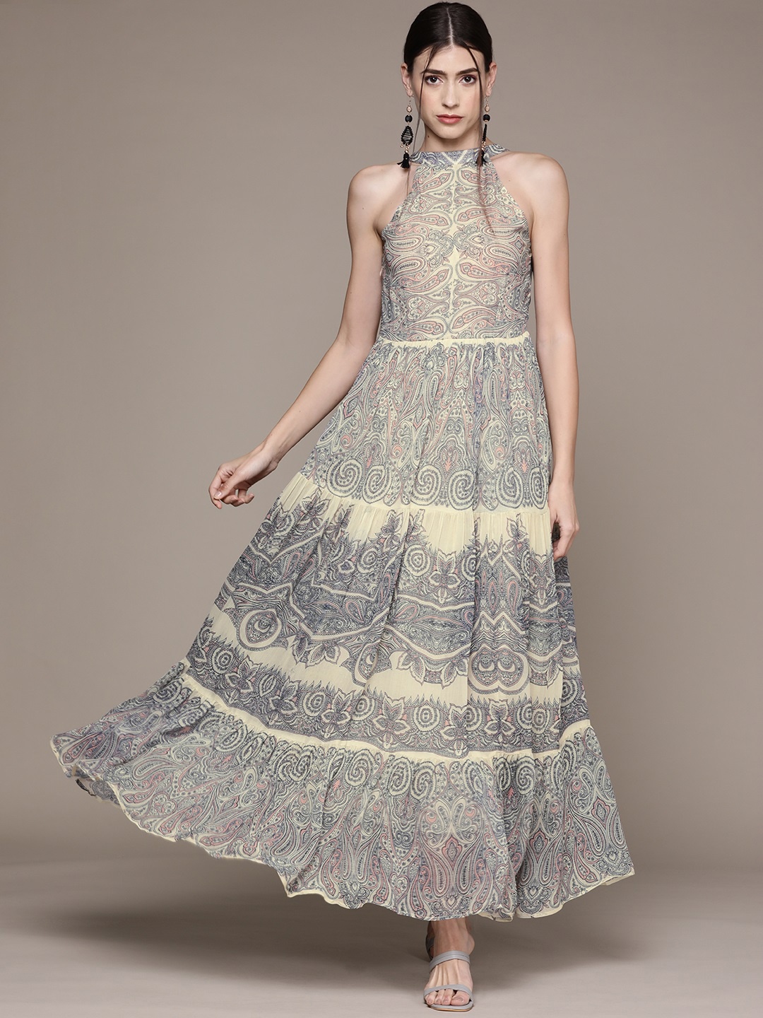 

Label Ritu Kumar Women Beige & Navy Blue Ethnic Motifs Georgette Maxi Dress