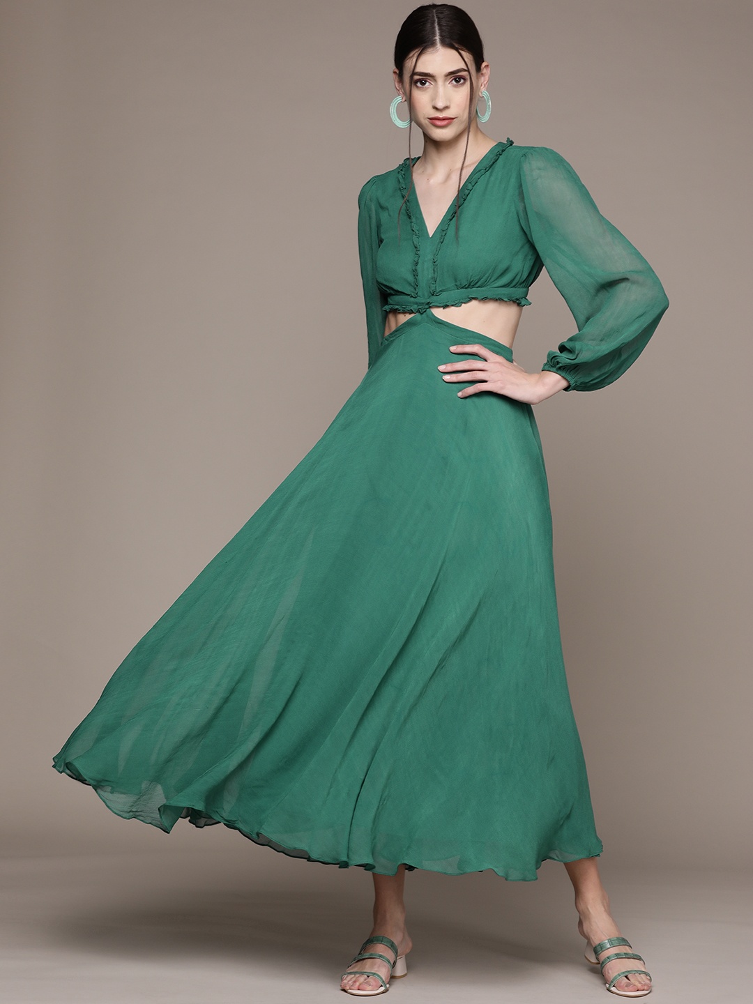 

Label Ritu Kumar Green Solid Cut-Outs Georgette Maxi Dress