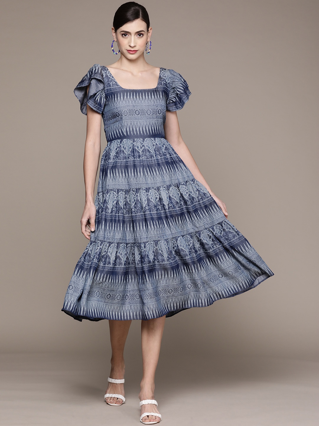 

Label Ritu Kumar Women Blue Ethnic Motifs Denim A-Line Midi Dress
