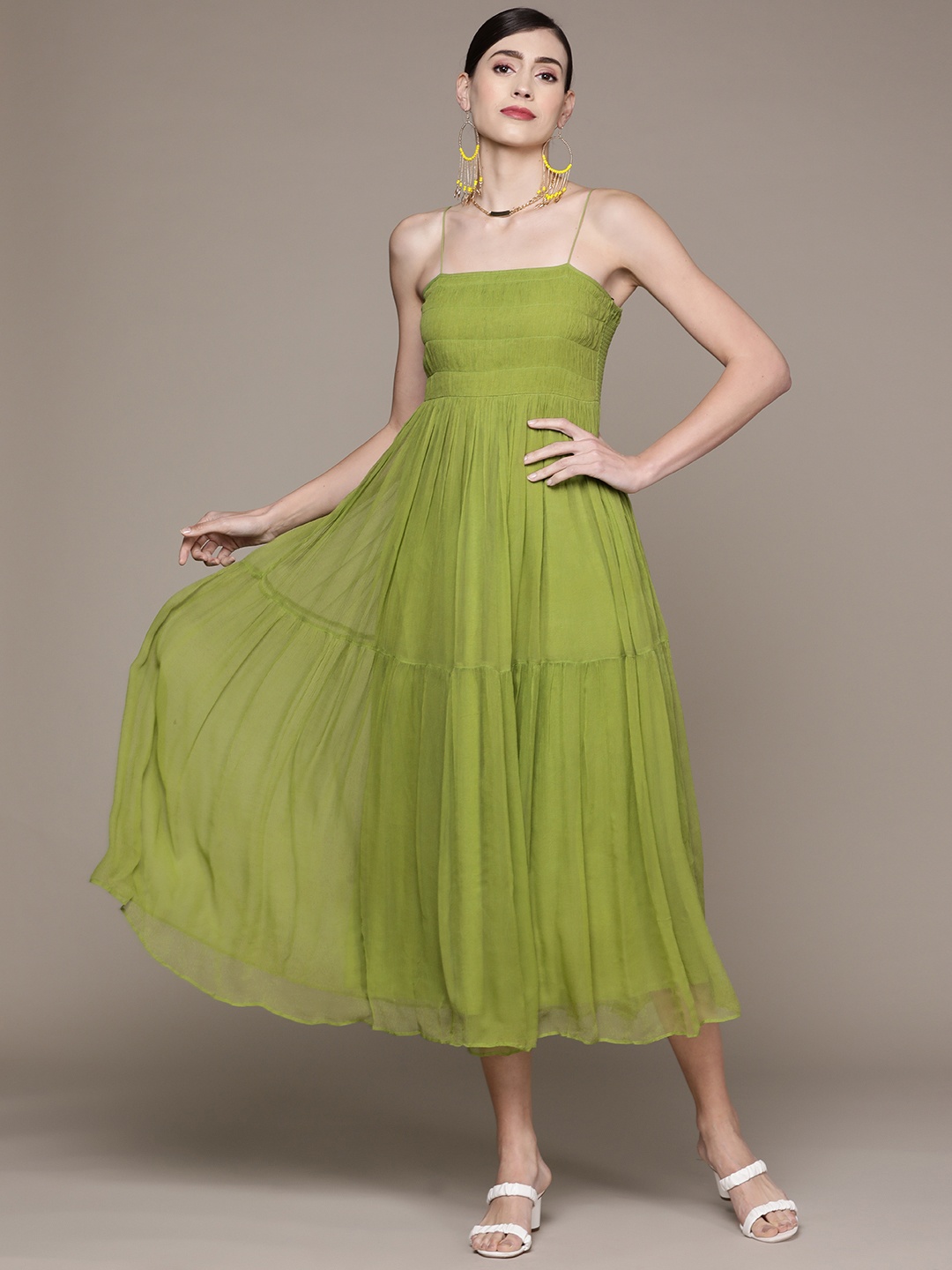 

Label Ritu Kumar Women Green Solid Chiffon A-Line Midi Dress