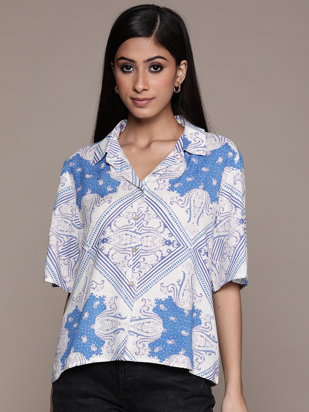 

Label Ritu Kumar Women Blue & White Printed Casual Shirt