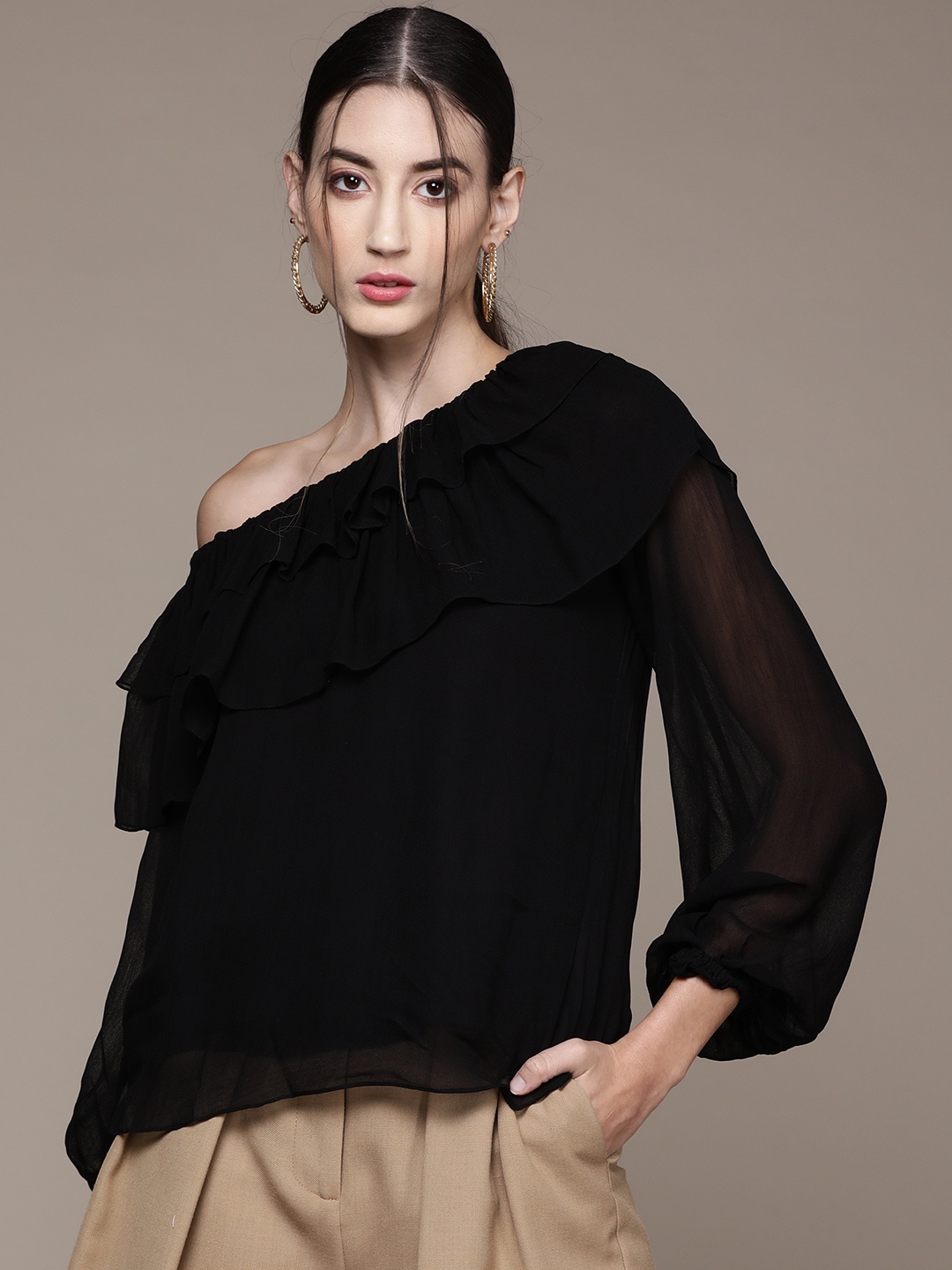 

Label Ritu Kumar Women Black Solid One Shoulder Ruffles Georgette Top