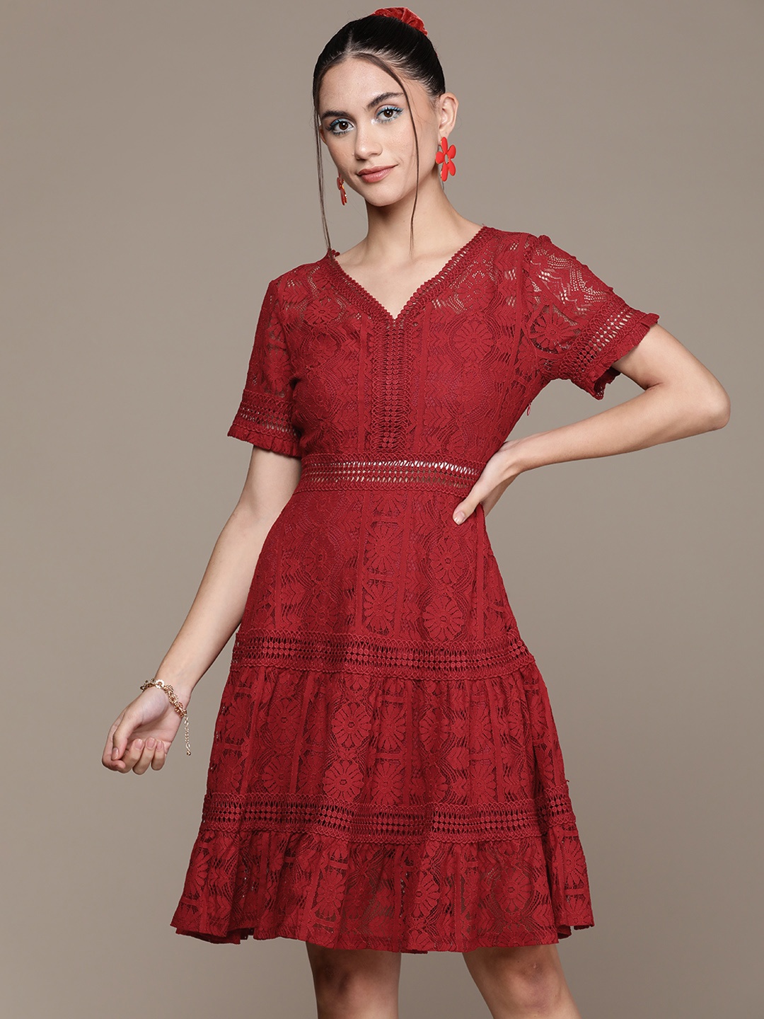 

Label Ritu Kumar Red Floral Lace Dress
