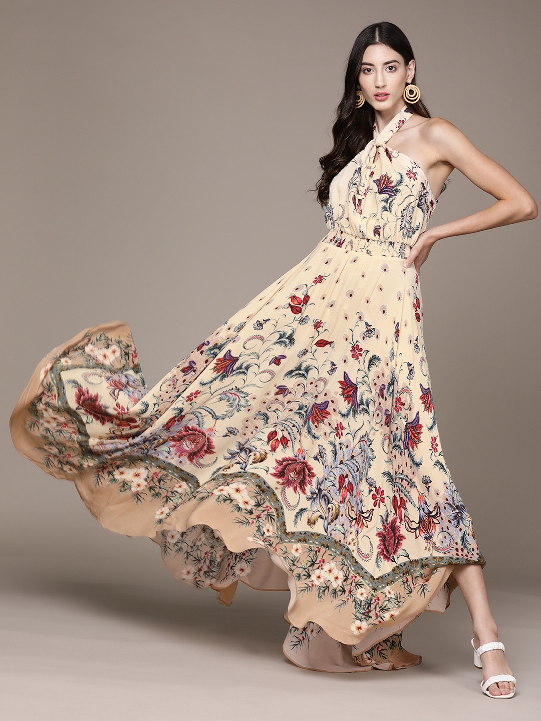 

Label Ritu Kumar Beige & Red Floral Halter Neck Crepe Maxi Dress