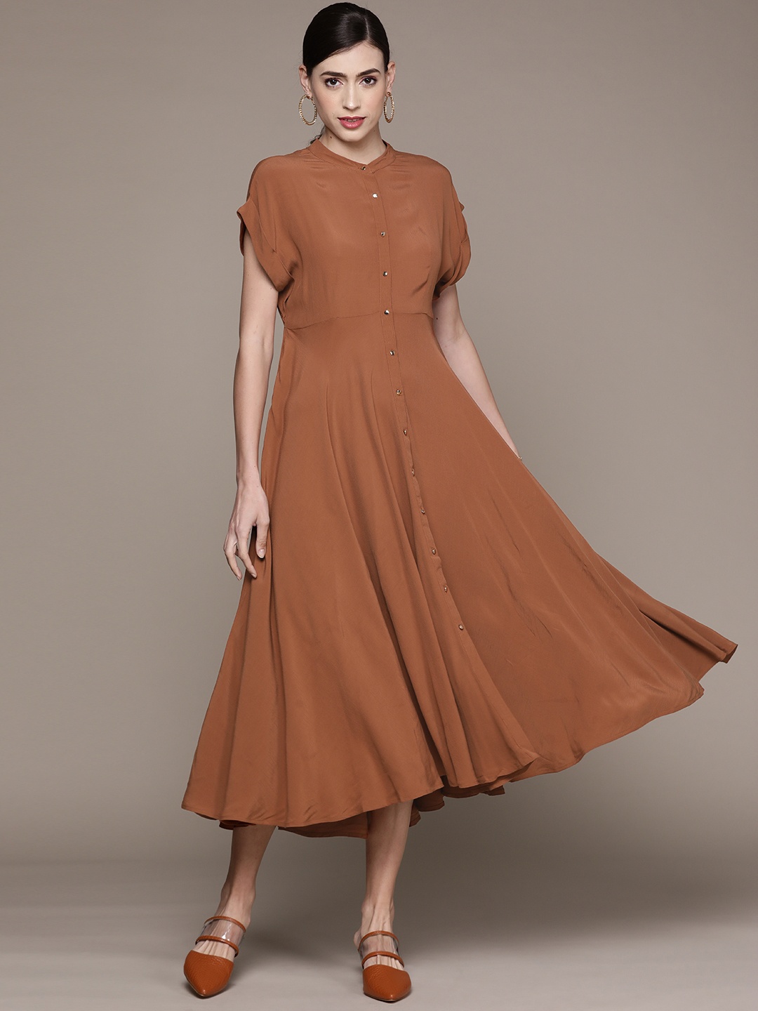 

Label Ritu Kumar Women Brown Solid Crepe A-Line Midi Dress