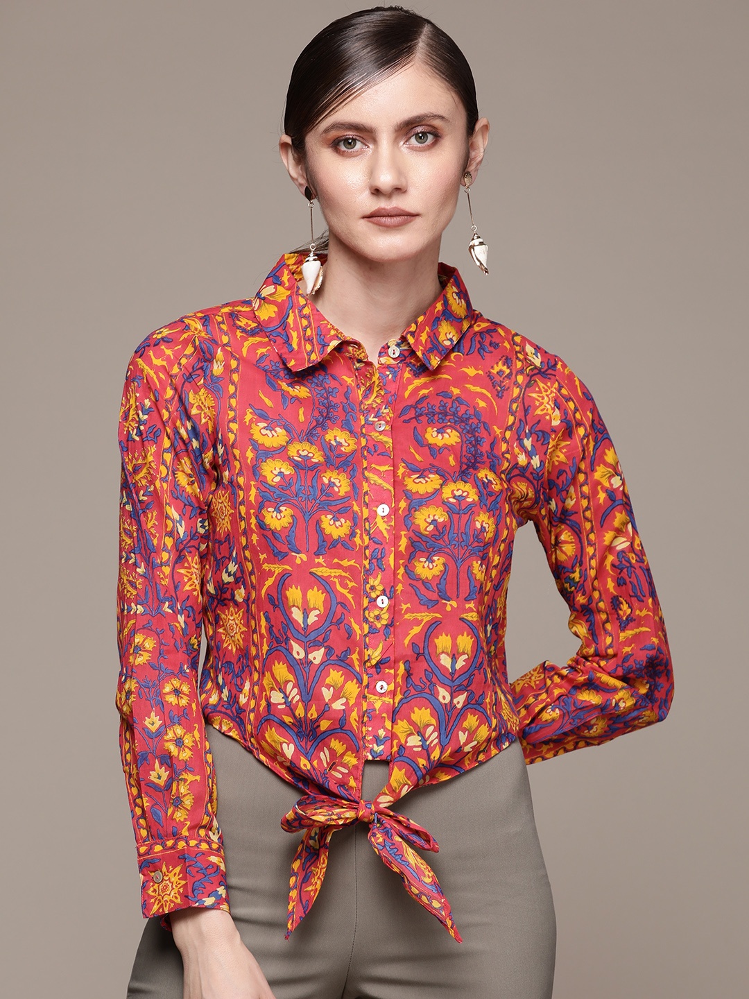 

Label Ritu Kumar Women Red Floral Printed Casual Shirt