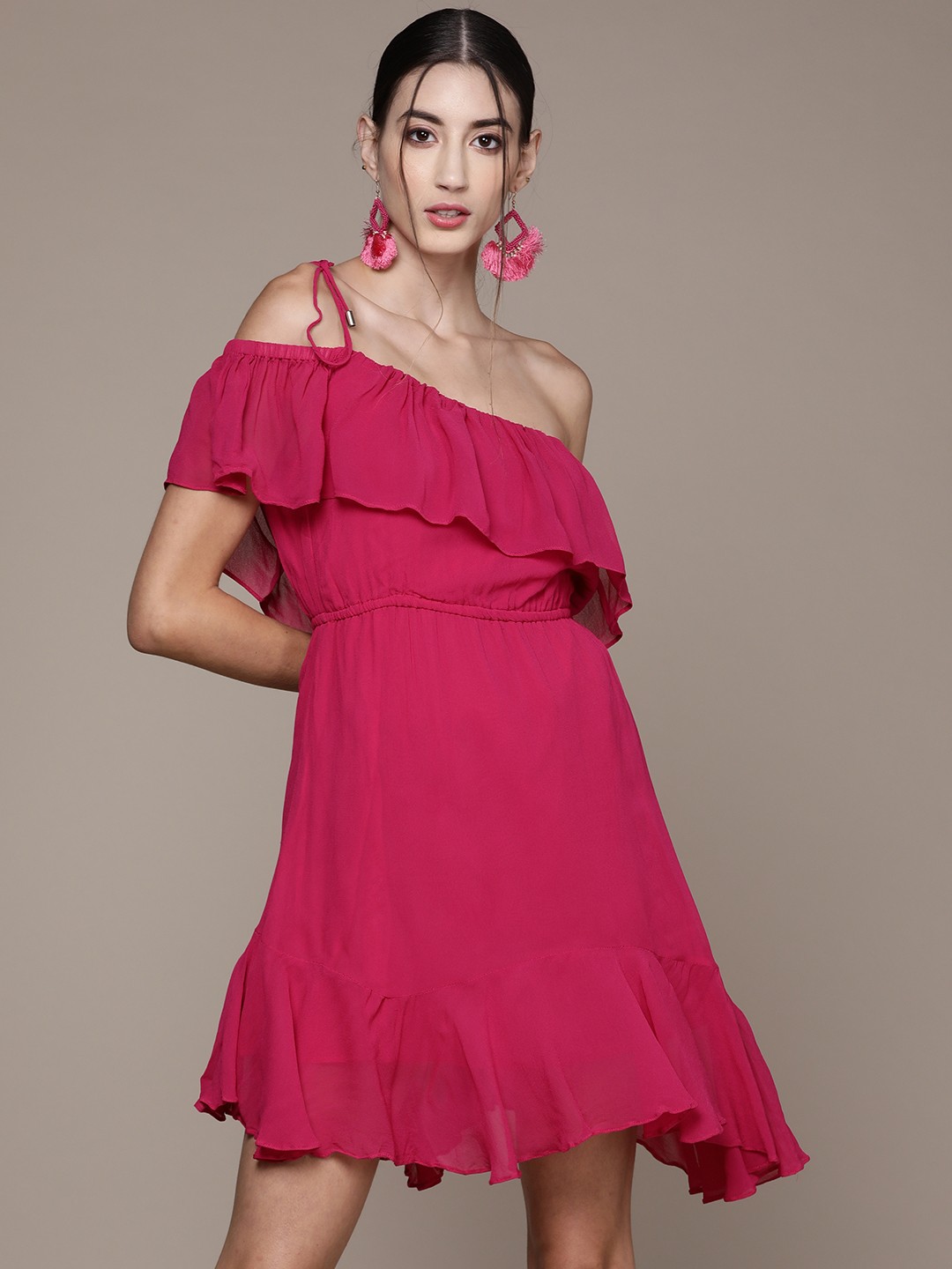 

Label Ritu Kumar Women Fuchsia Pink Solid One Shoulder Georgette A-Line Dress