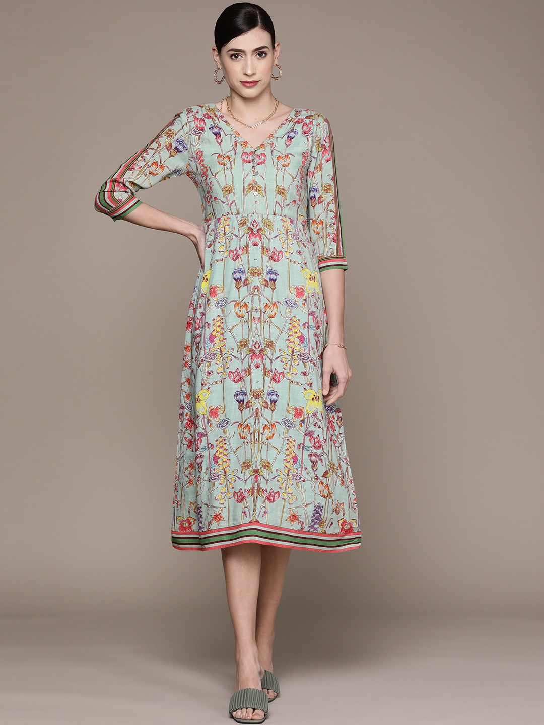 

Label Ritu Kumar Women Mint Green & Red Floral A-Line Midi Dress