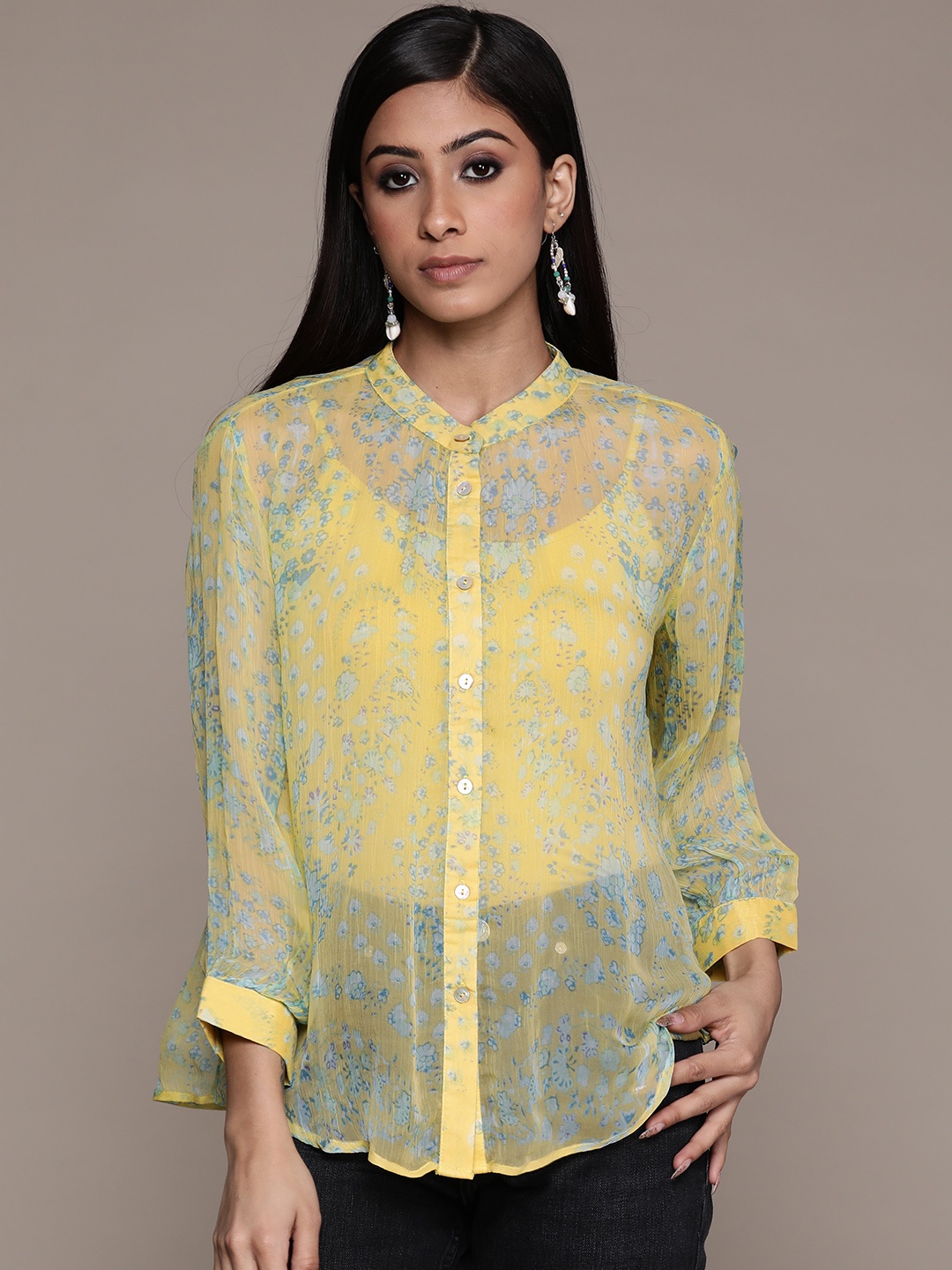 

Label Ritu Kumar Women Yellow & Blue Floral Printed Casual Shirt & Camisole